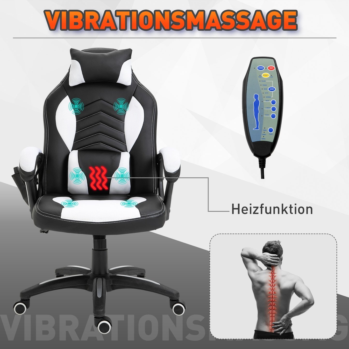 Massage Gaming Office Chair with Heat & Vibration, Black/White