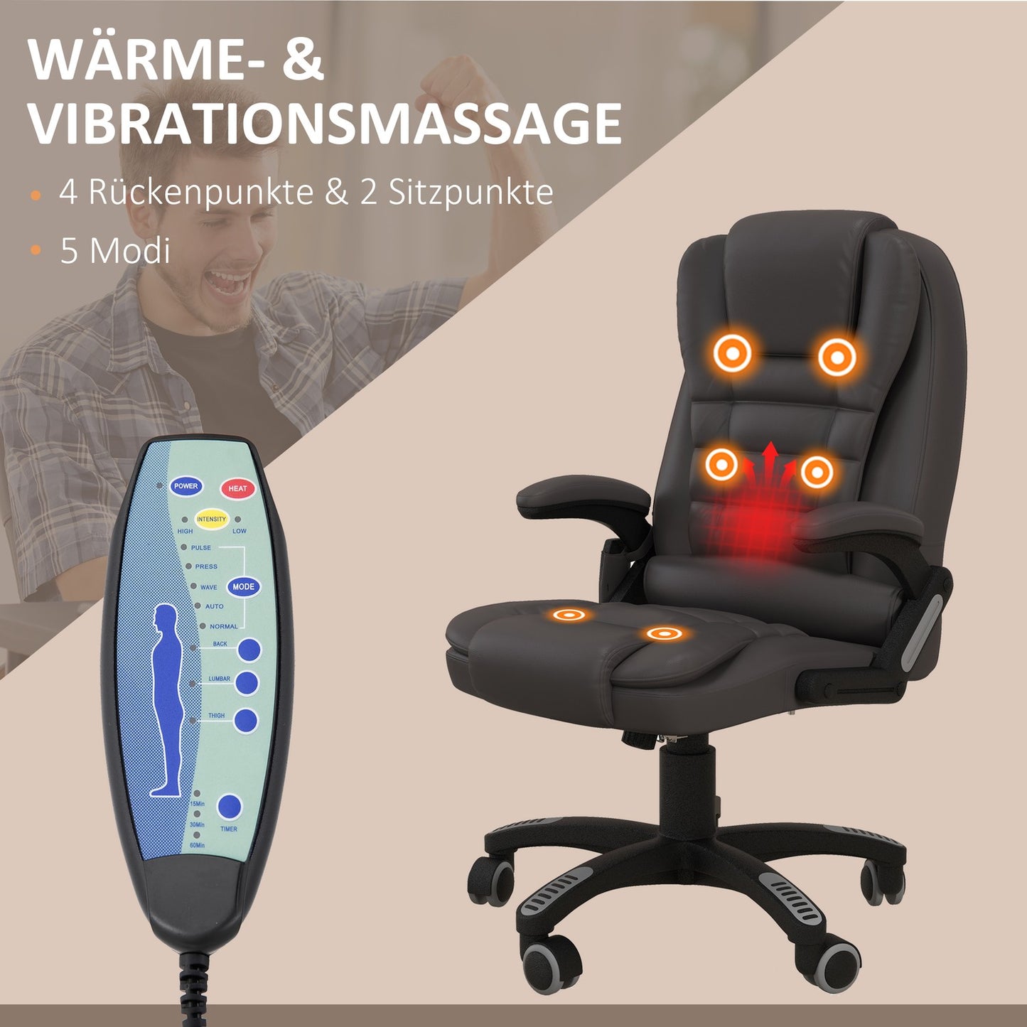 Vibration massage office chair with heat, artificial leather, brown