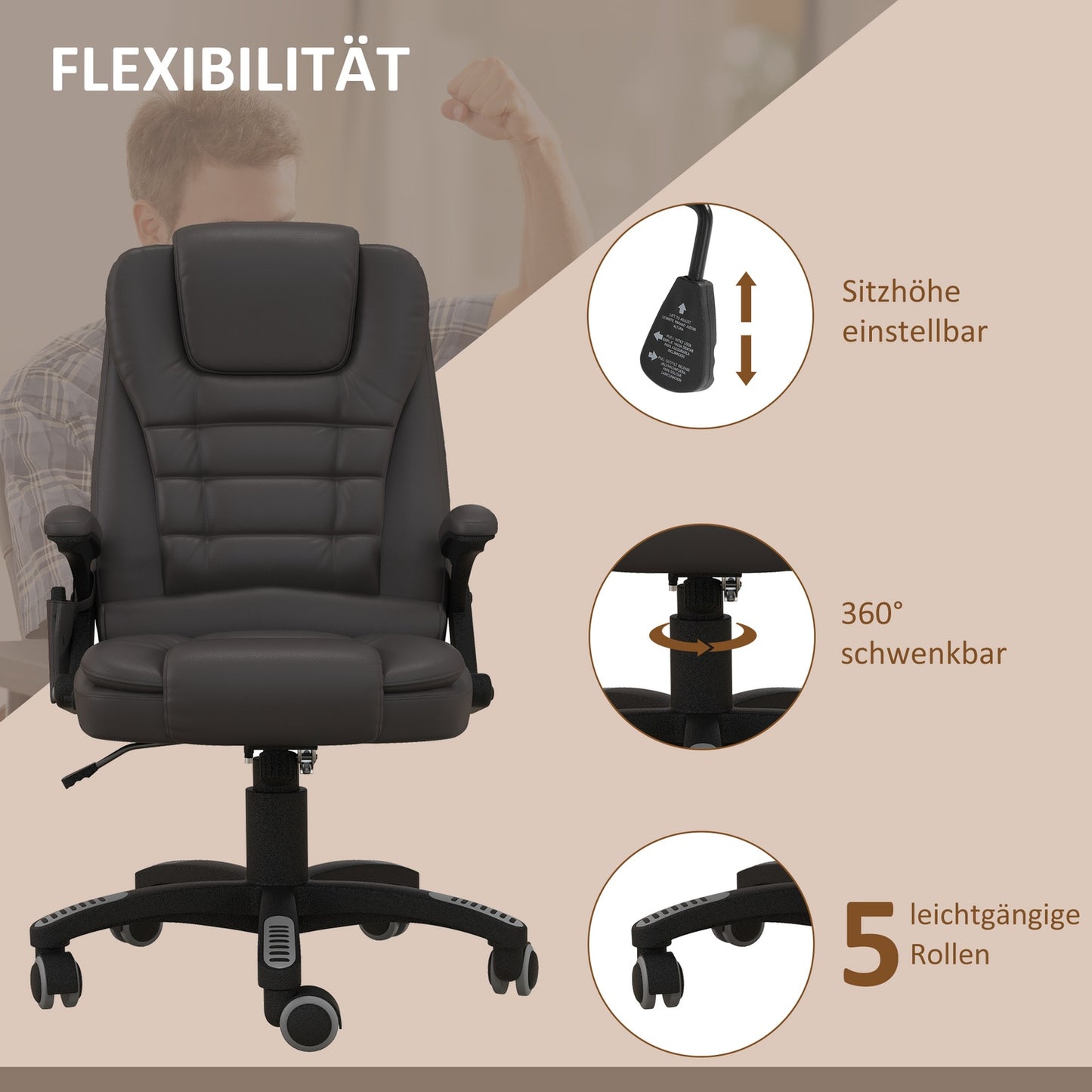 Vibration massage office chair with heat, artificial leather, brown
