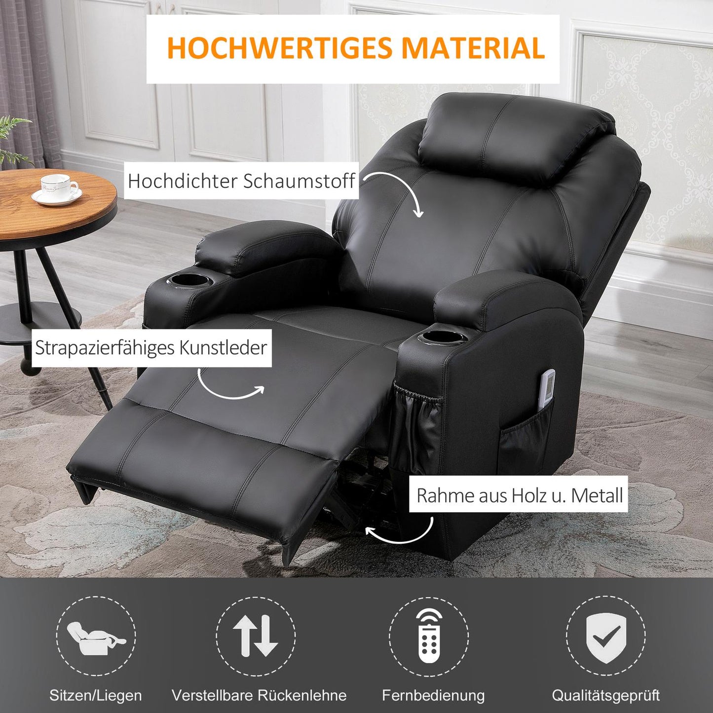 Black artificial leather massage chair - reclining relaxation