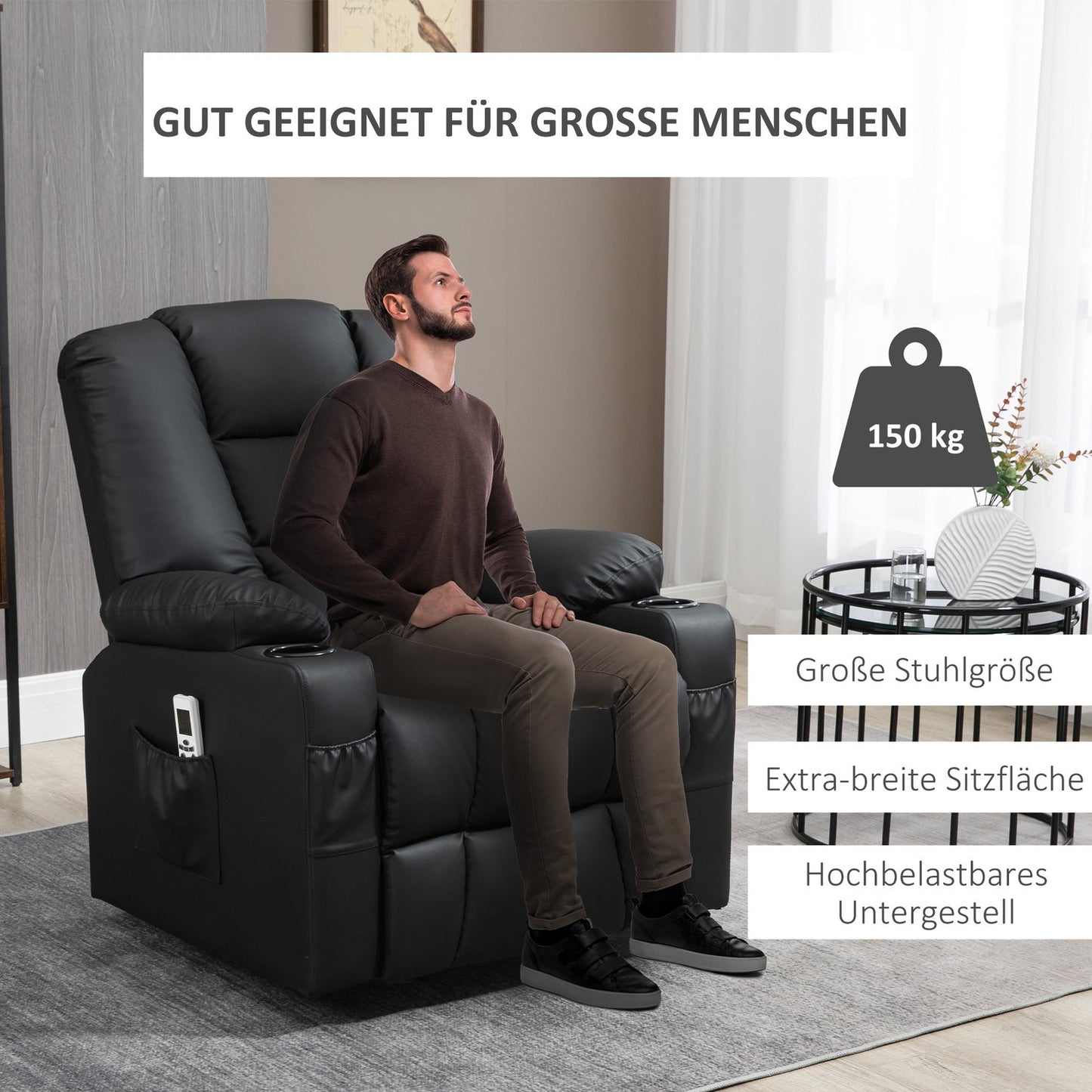 Reclining massage chair, USB & Remote control, 150 kg Capacity, Black