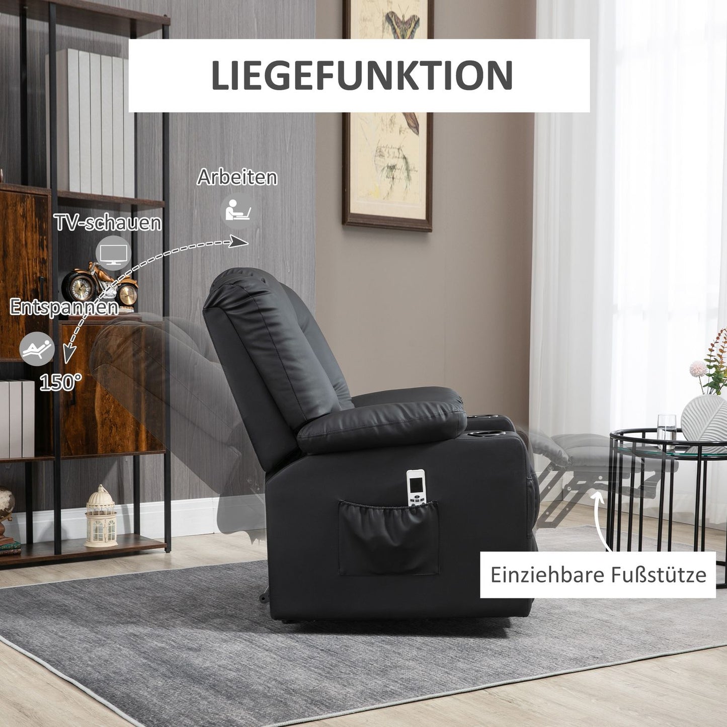 Reclining massage chair, USB & Remote control, 150 kg Capacity, Black