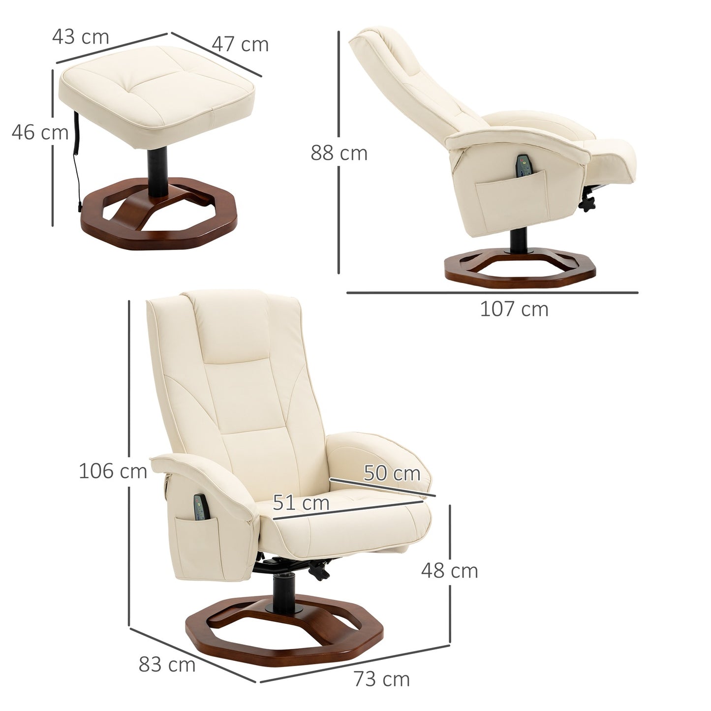 Massage lounge chair with 360° rotation, synthetic leather, cream/brown
