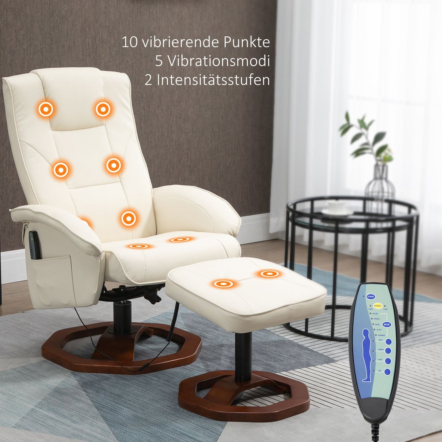 Massage lounge chair with 360° rotation, synthetic leather, cream/brown