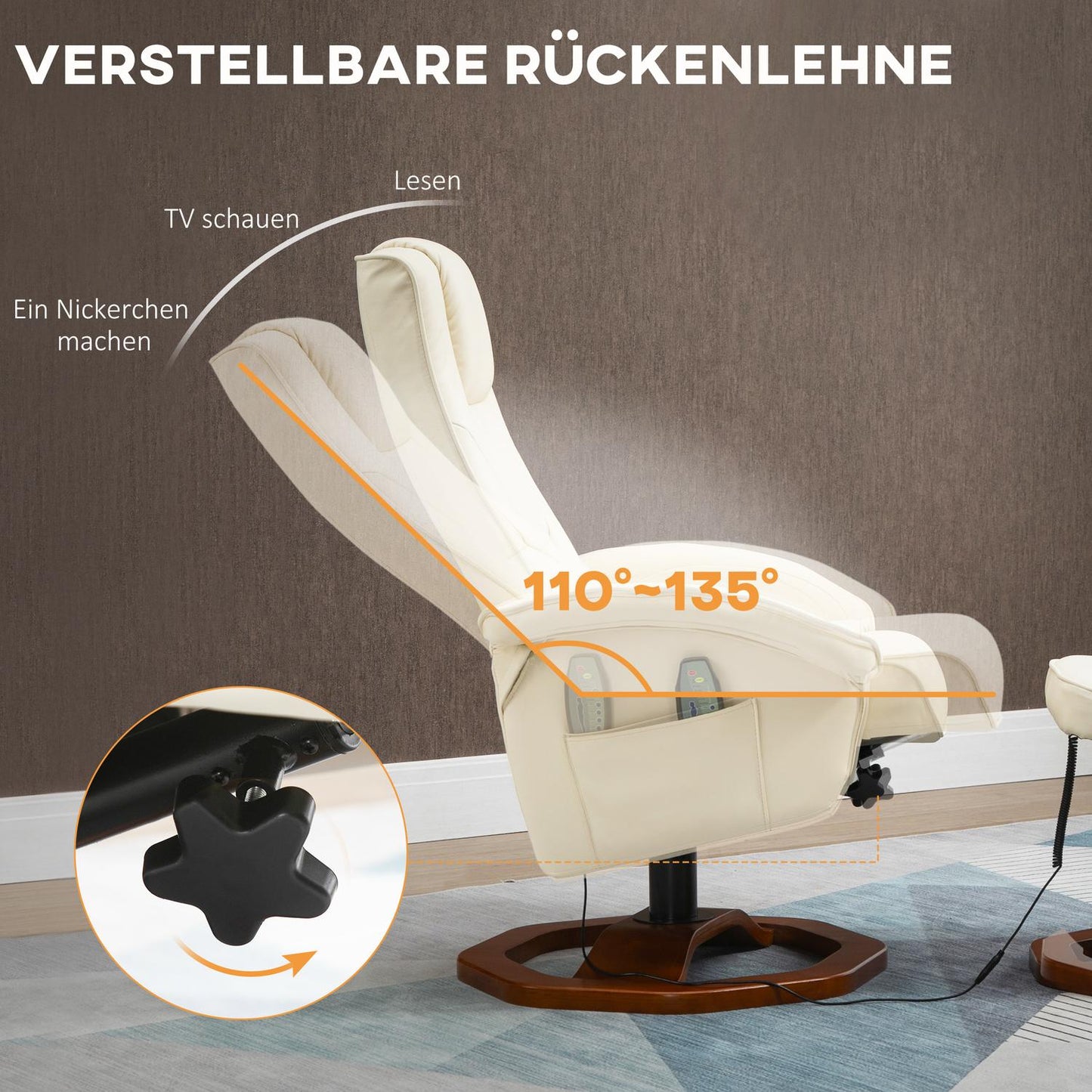 Massage lounge chair with 360° rotation, synthetic leather, cream/brown