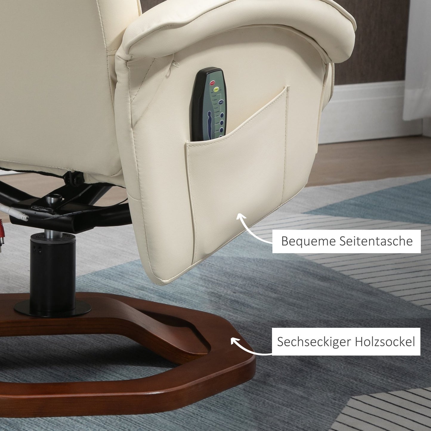 Massage lounge chair with 360° rotation, synthetic leather, cream/brown