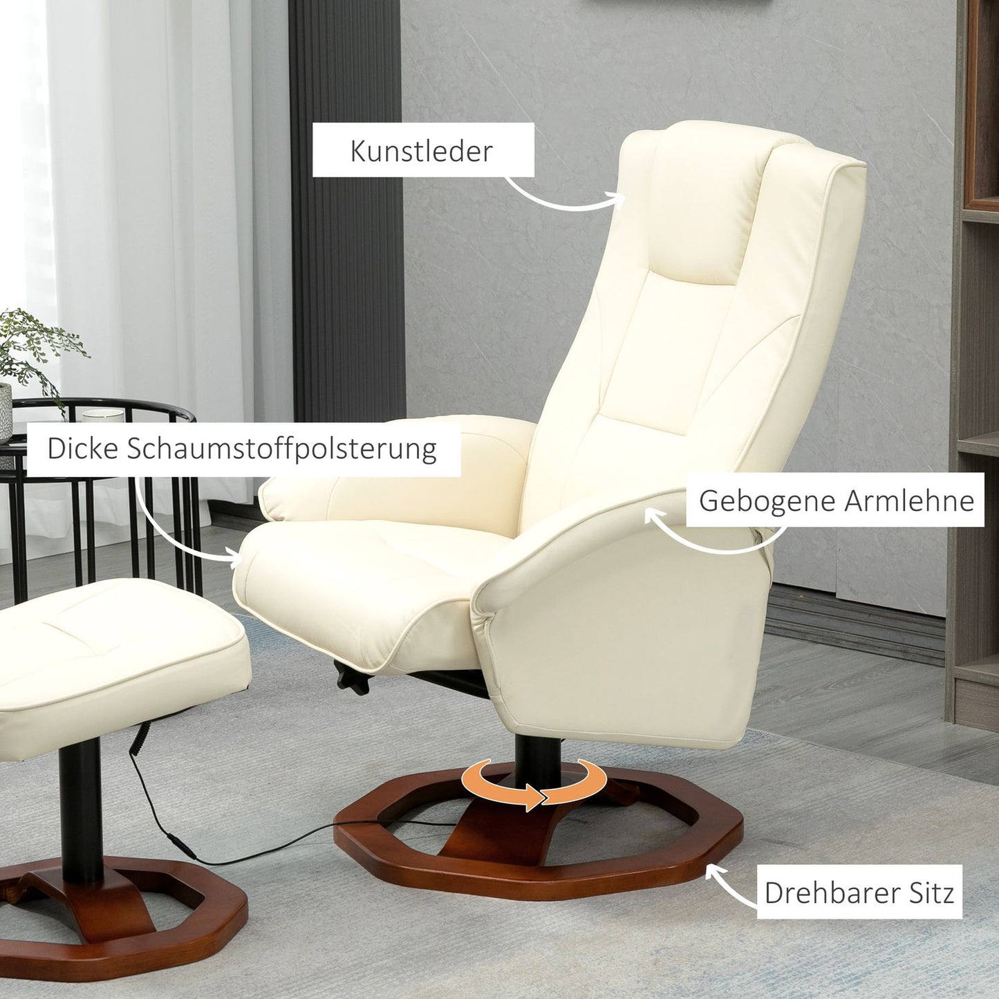 Massage lounge chair with 360° rotation, synthetic leather, cream/brown