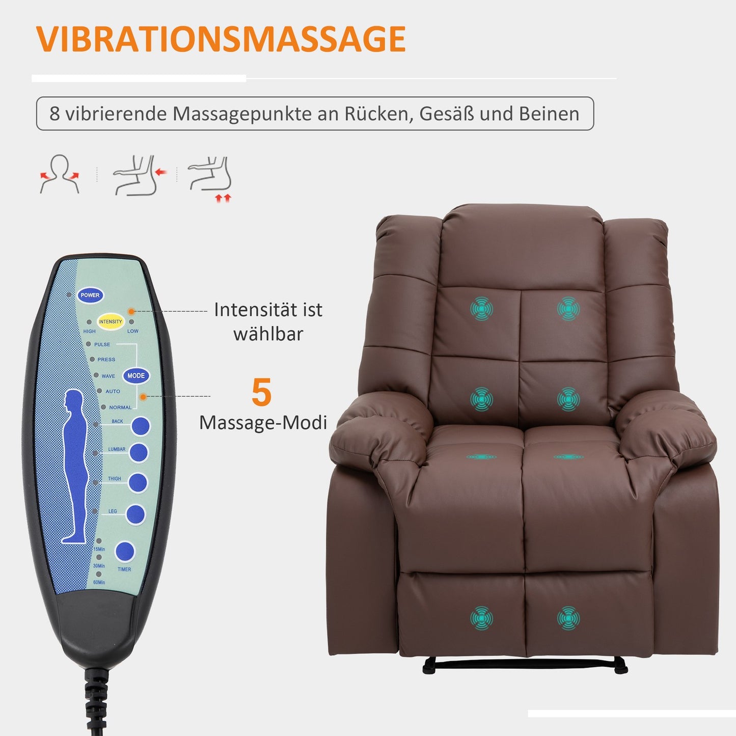 Electric massage armchair, brown artificial leather, 94x99 Cm