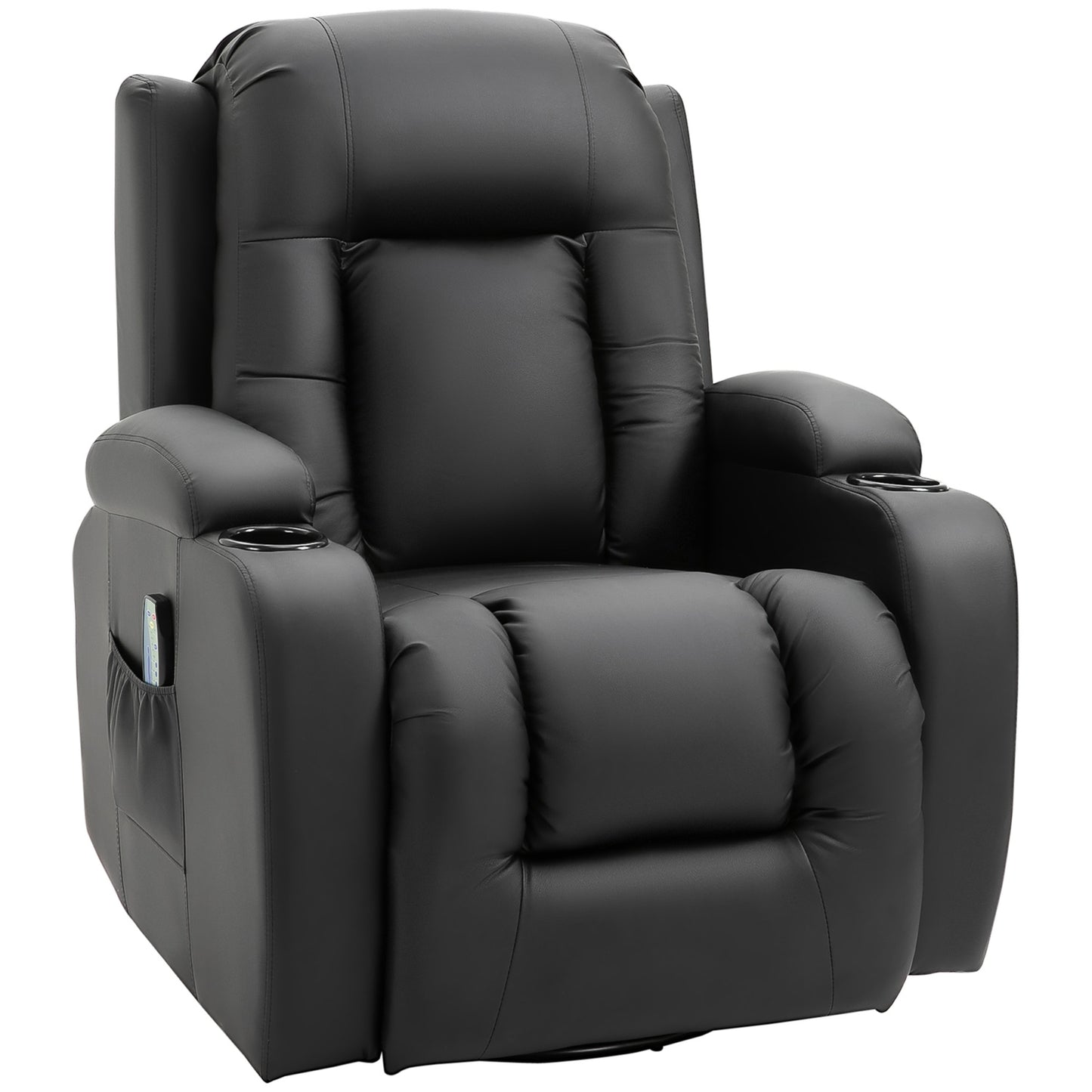 Reclining massage chair with heating, remote control & cup holder - Black