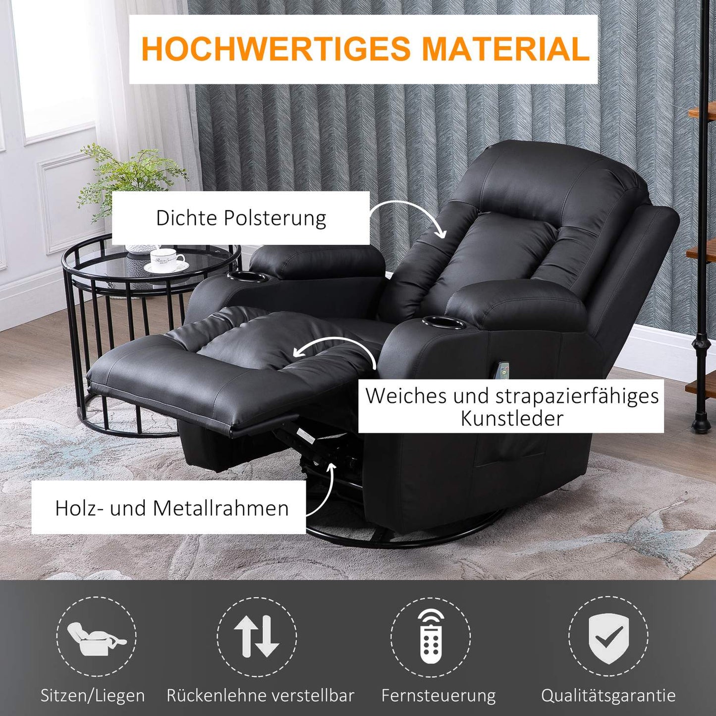 Reclining massage chair with heating, remote control & cup holder - Black