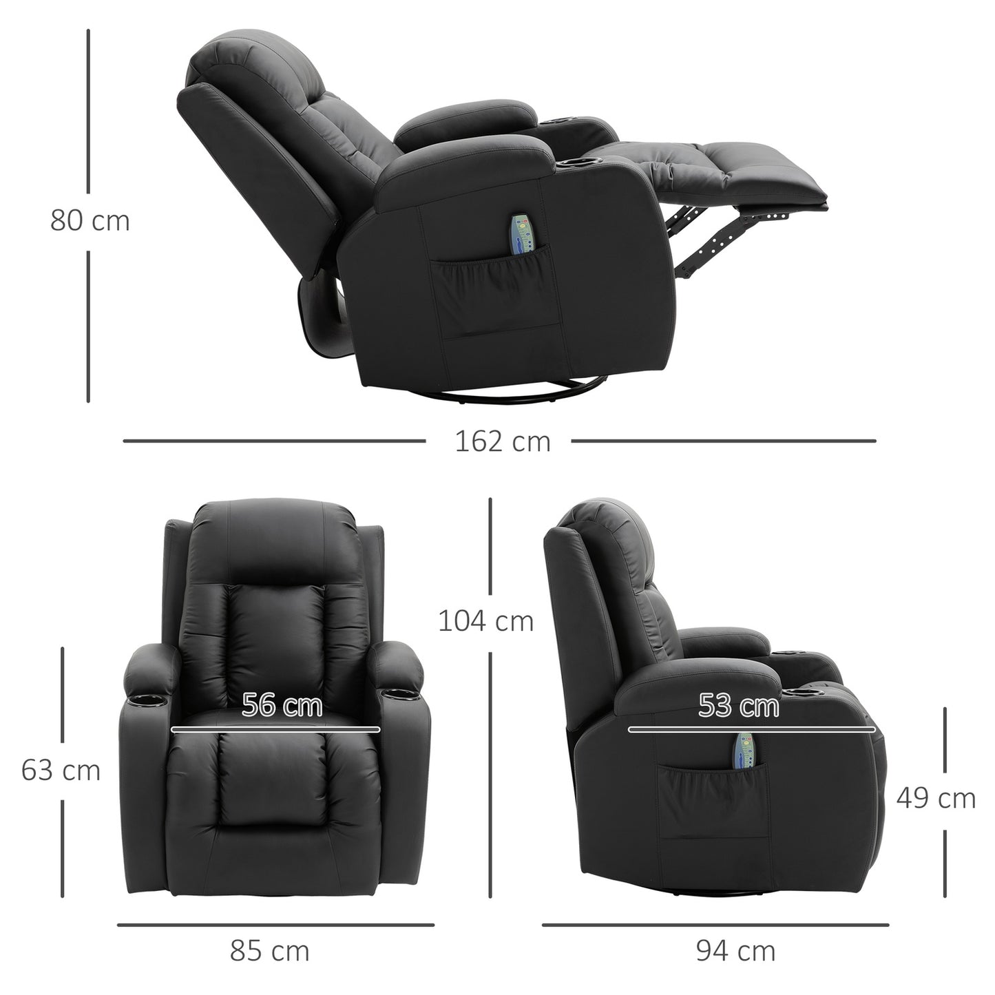 Reclining massage chair with heating, remote control & cup holder - Black