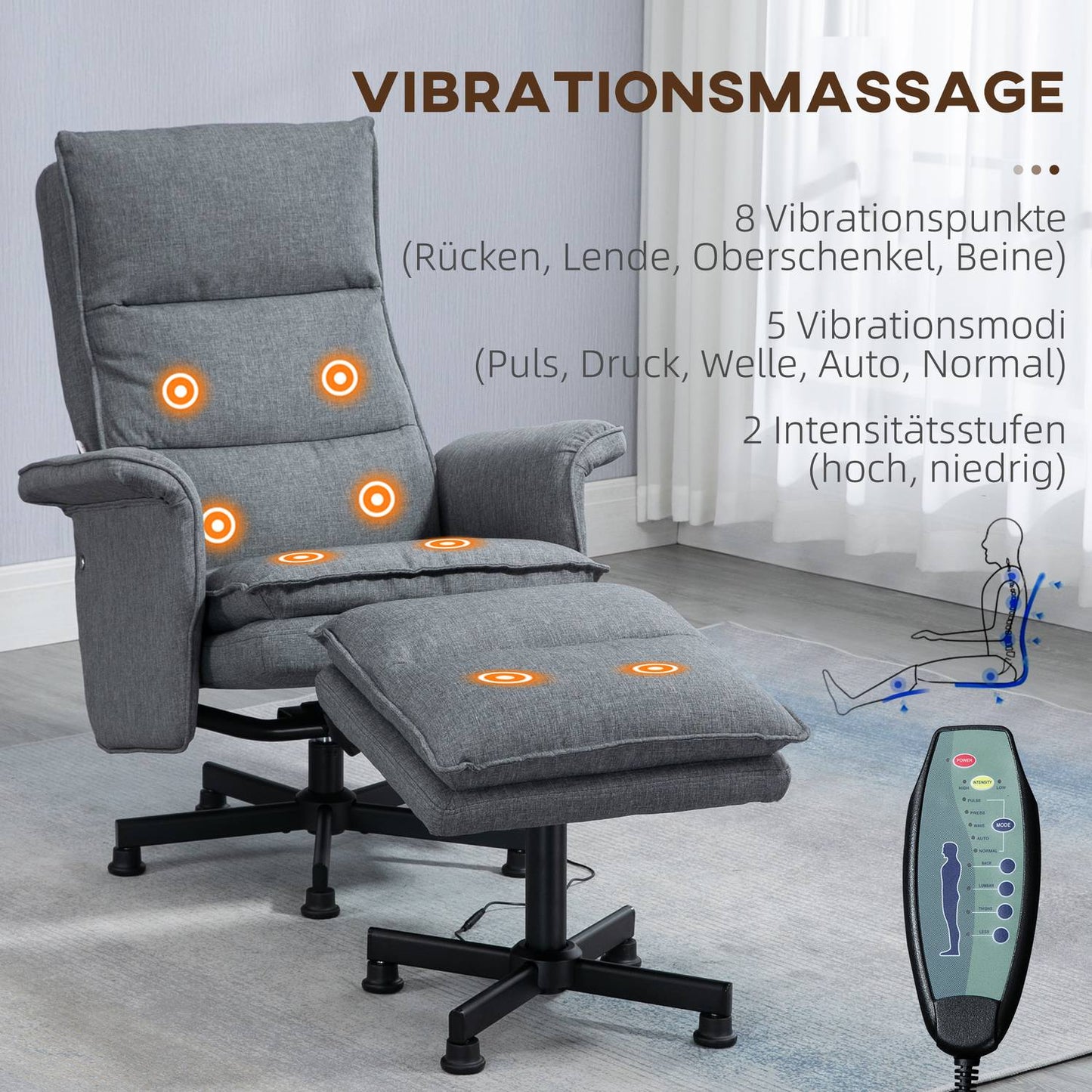 Electric gray swivel massage chair with footstool and remote control