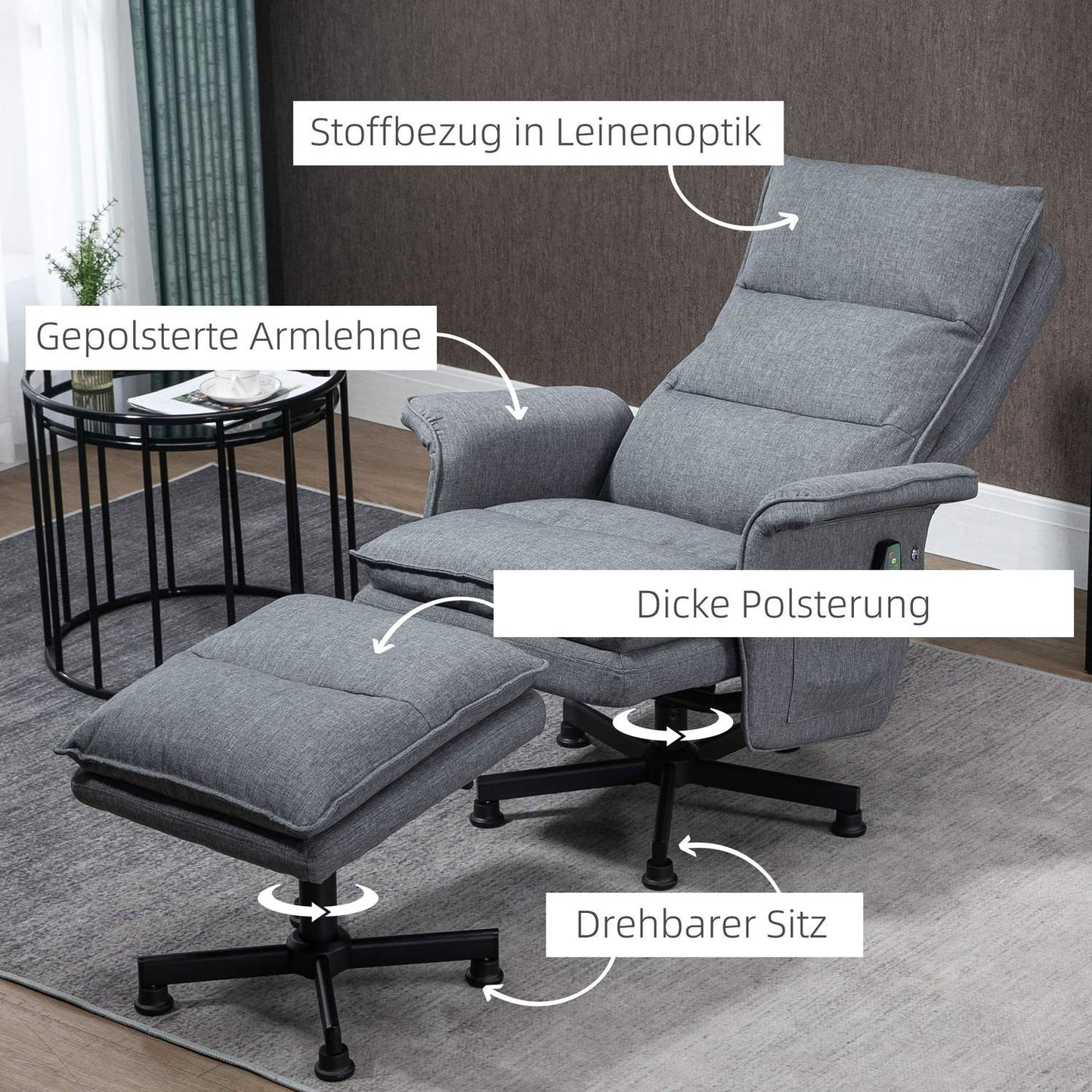 Electric gray swivel massage chair with footstool and remote control