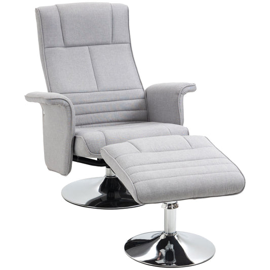 Reclining massage chair with footstool, light gray linen