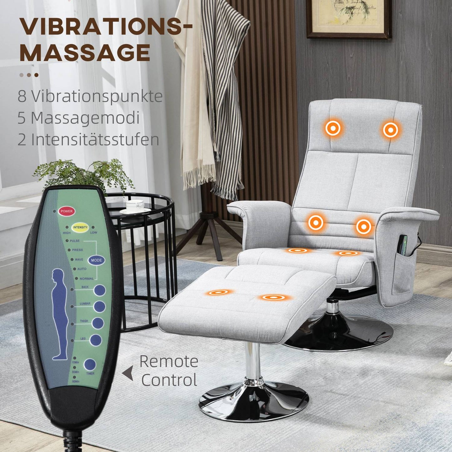 Reclining massage chair with footstool, light gray linen