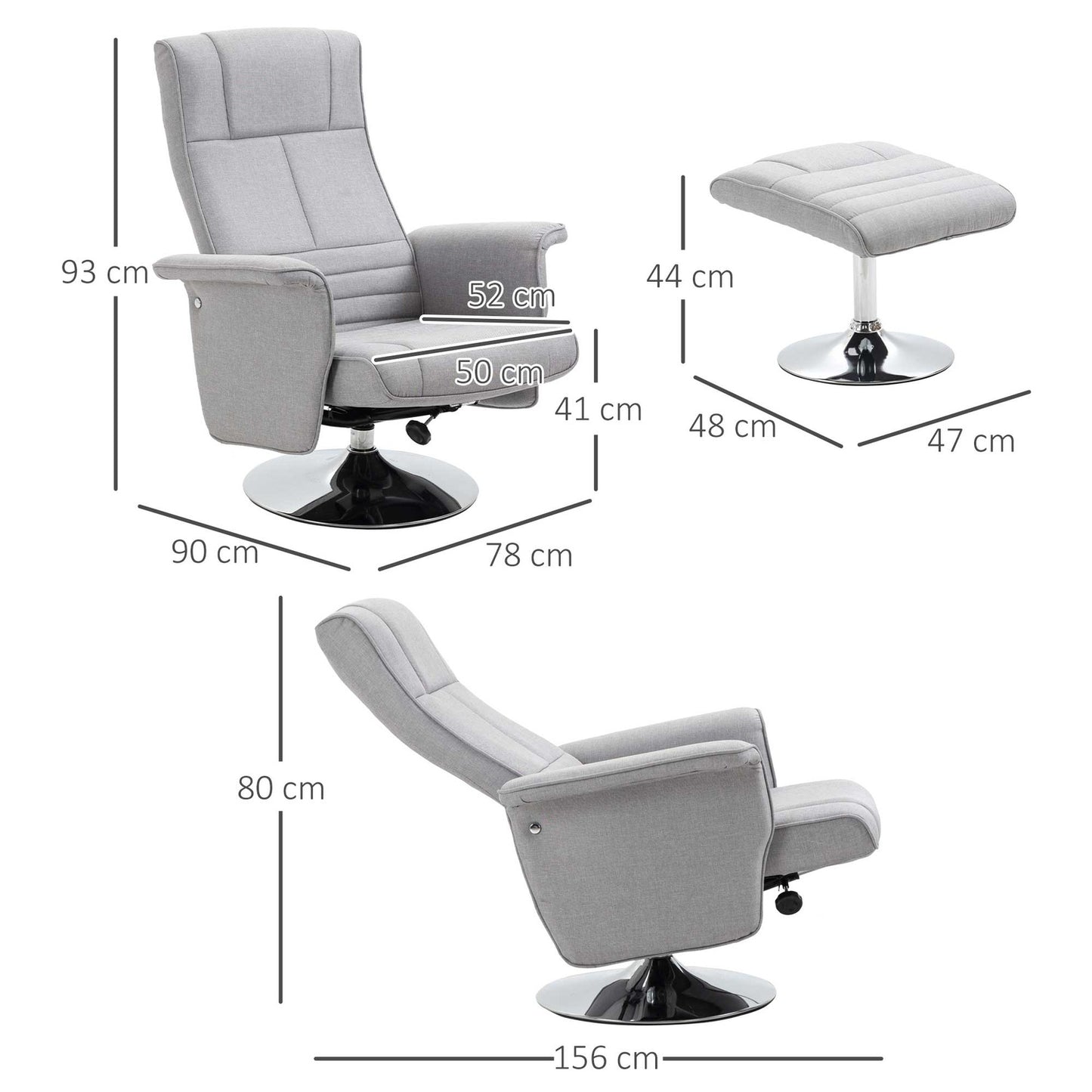 Reclining massage chair with footstool, light gray linen