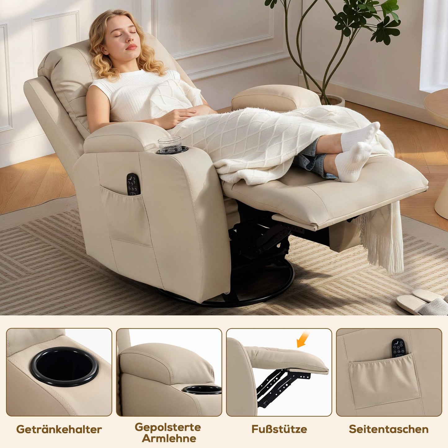 Massage Chair with Recline, Rock, Heat, 3 Modes, Cream White
