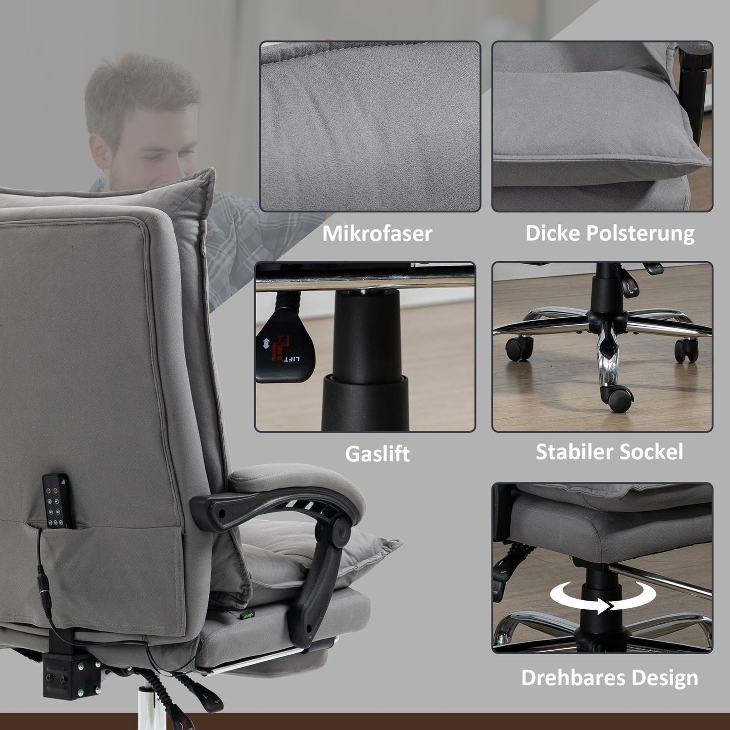Ergonomic office chair with heating, tilt, footrest, adjustable height