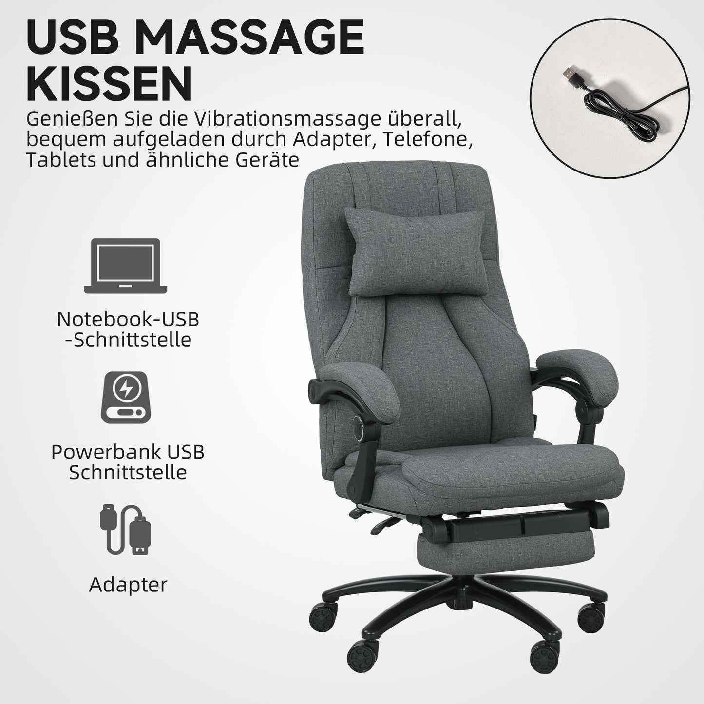 Massage Office Chair, USB Port, Swivel Wheels, Dark Grey