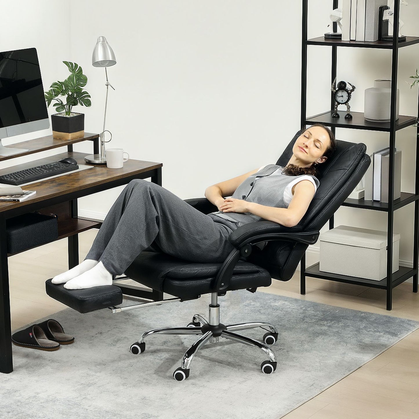 Massage Office Chair with Footrest, Adjustable Height, Black