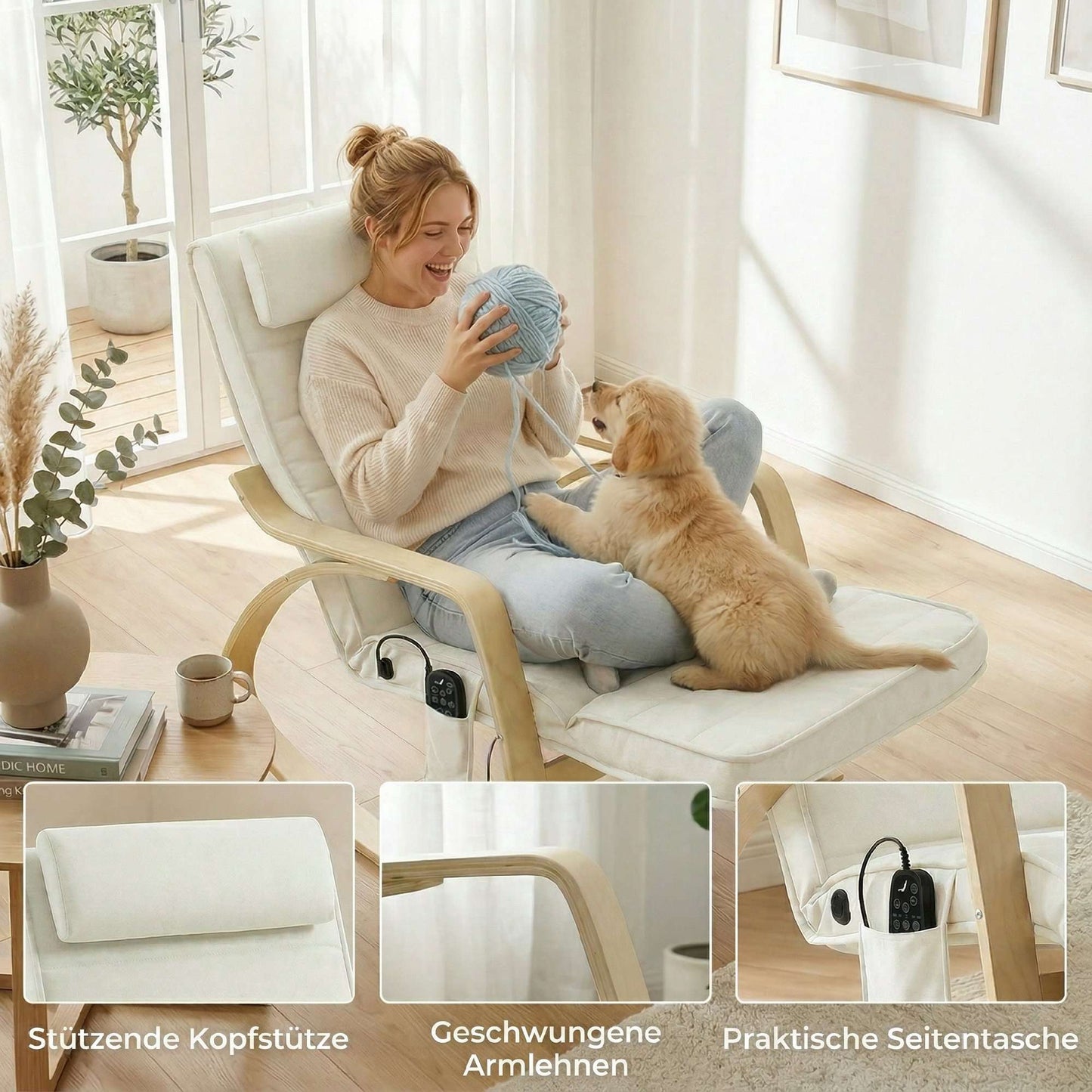 Massage Rocking Chair with Heat, Footrest, Velvet, Cream