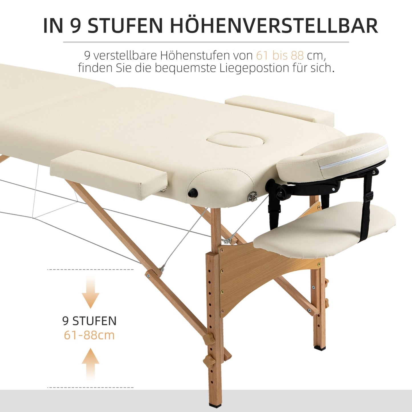 Adjustable folding massage table, wood, artificial leather, cream
