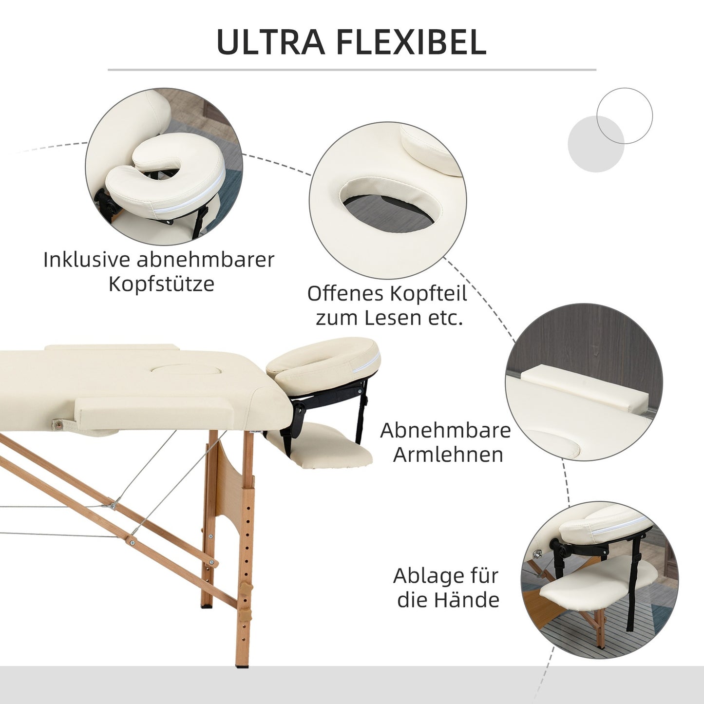 Adjustable folding massage table, wood, artificial leather, cream