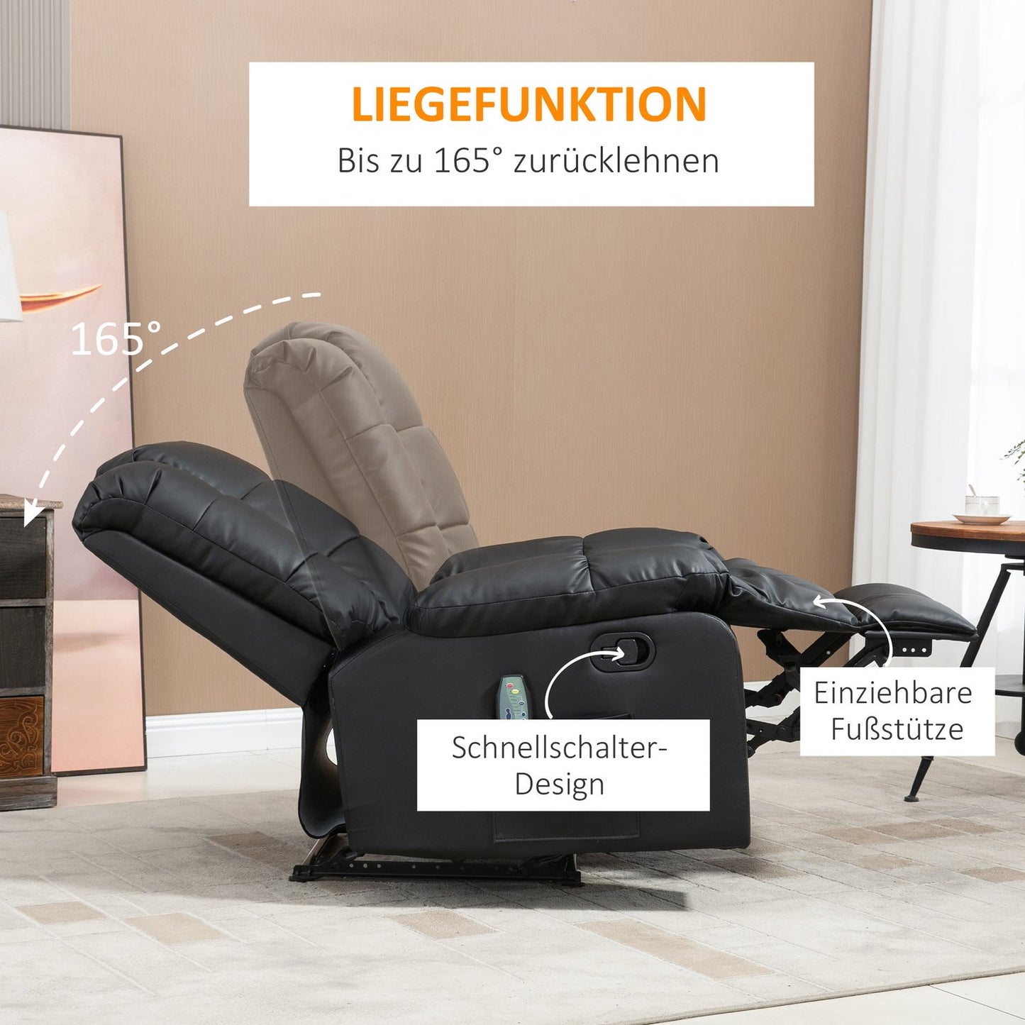 Electric recliner with massage - artificial leather, black