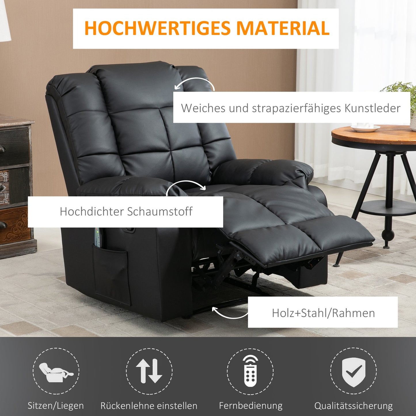 Electric recliner with massage - artificial leather, black