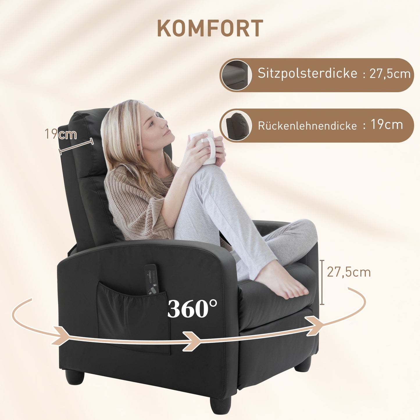 Reclining massage and relaxation chair, black PU foam