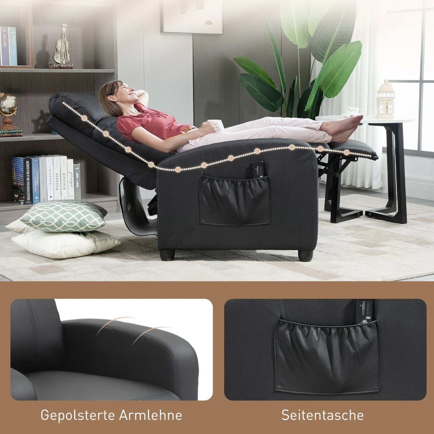Reclining massage and relaxation chair, black PU foam
