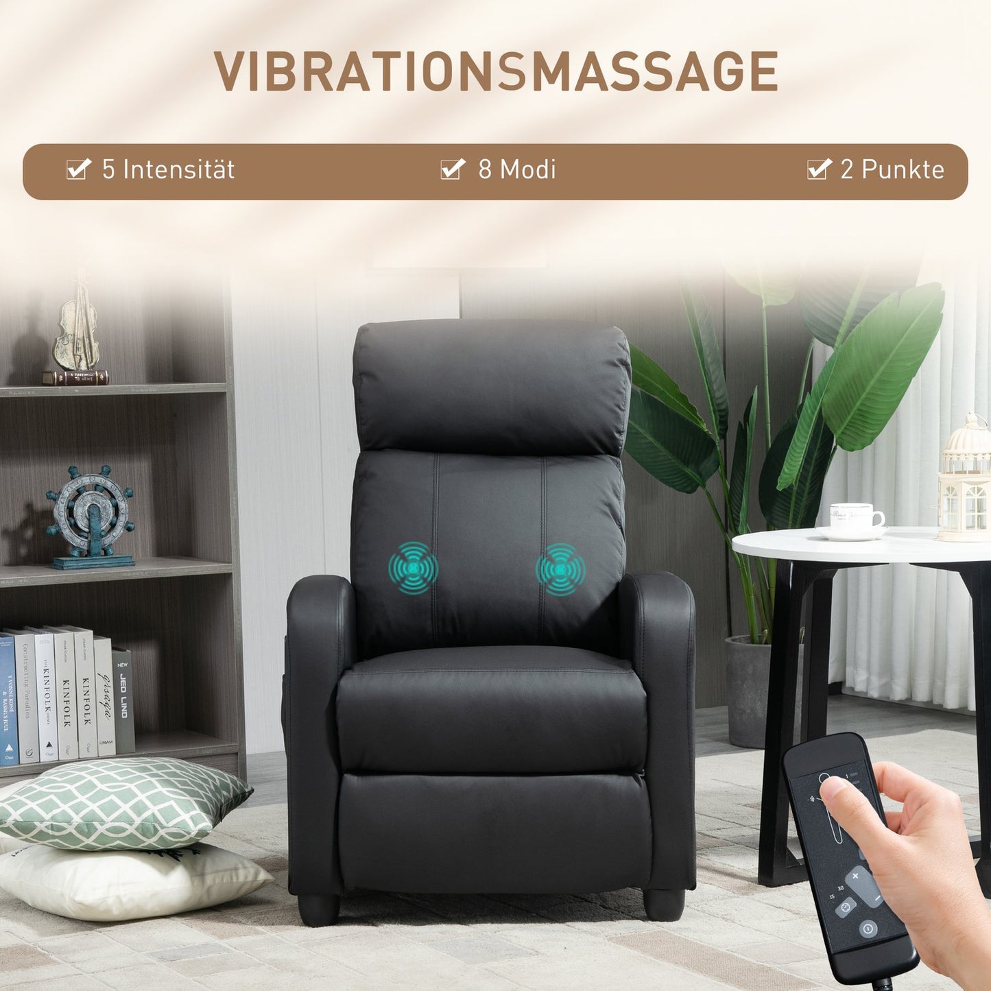 Reclining massage and relaxation chair, black PU foam