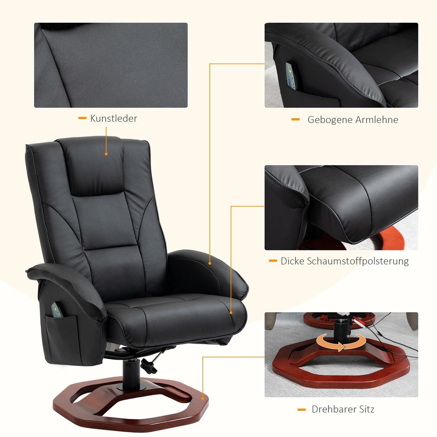 Reclining massage chair in synthetic leather with footstool, 360° rotatable