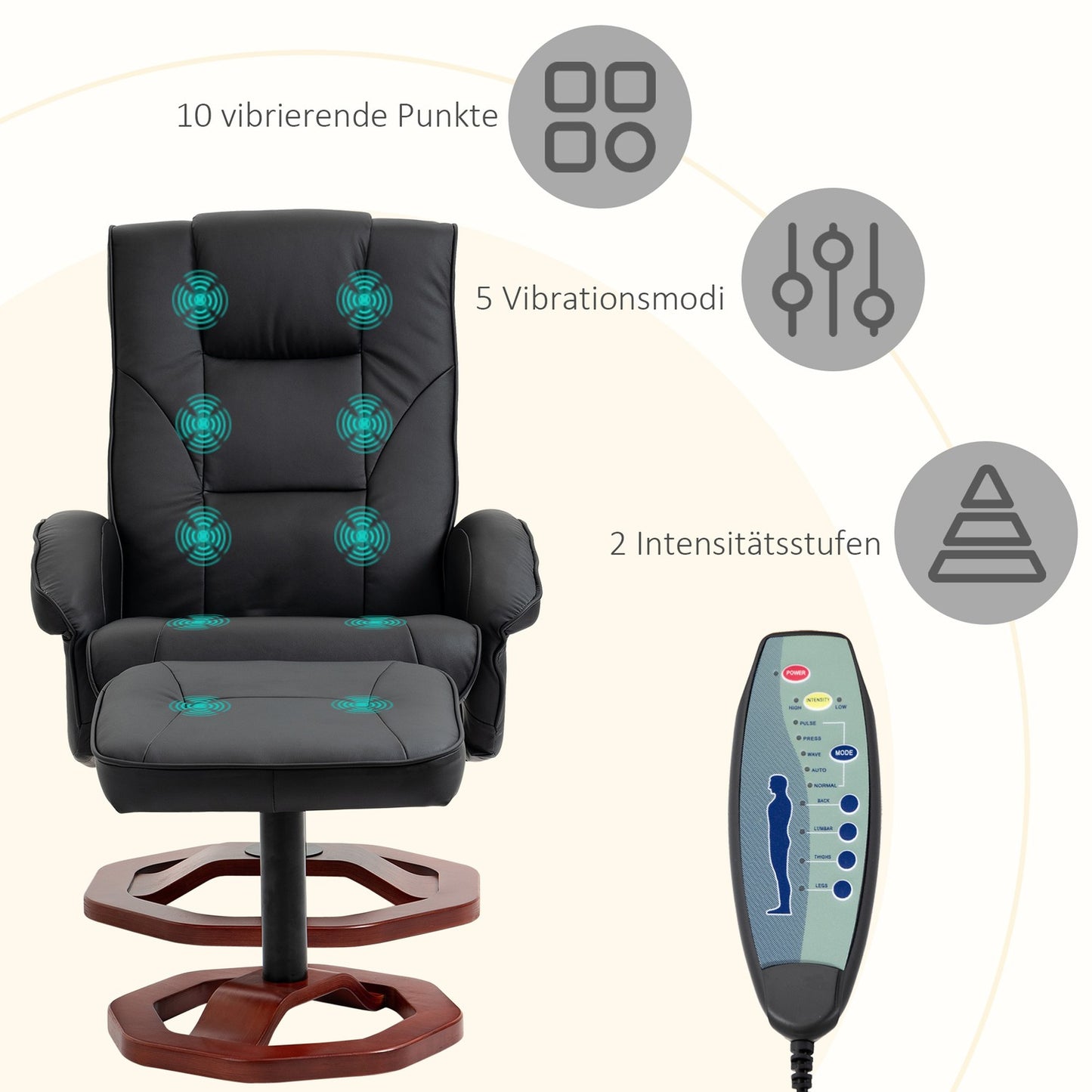 Reclining massage chair in synthetic leather with footstool, 360° rotatable