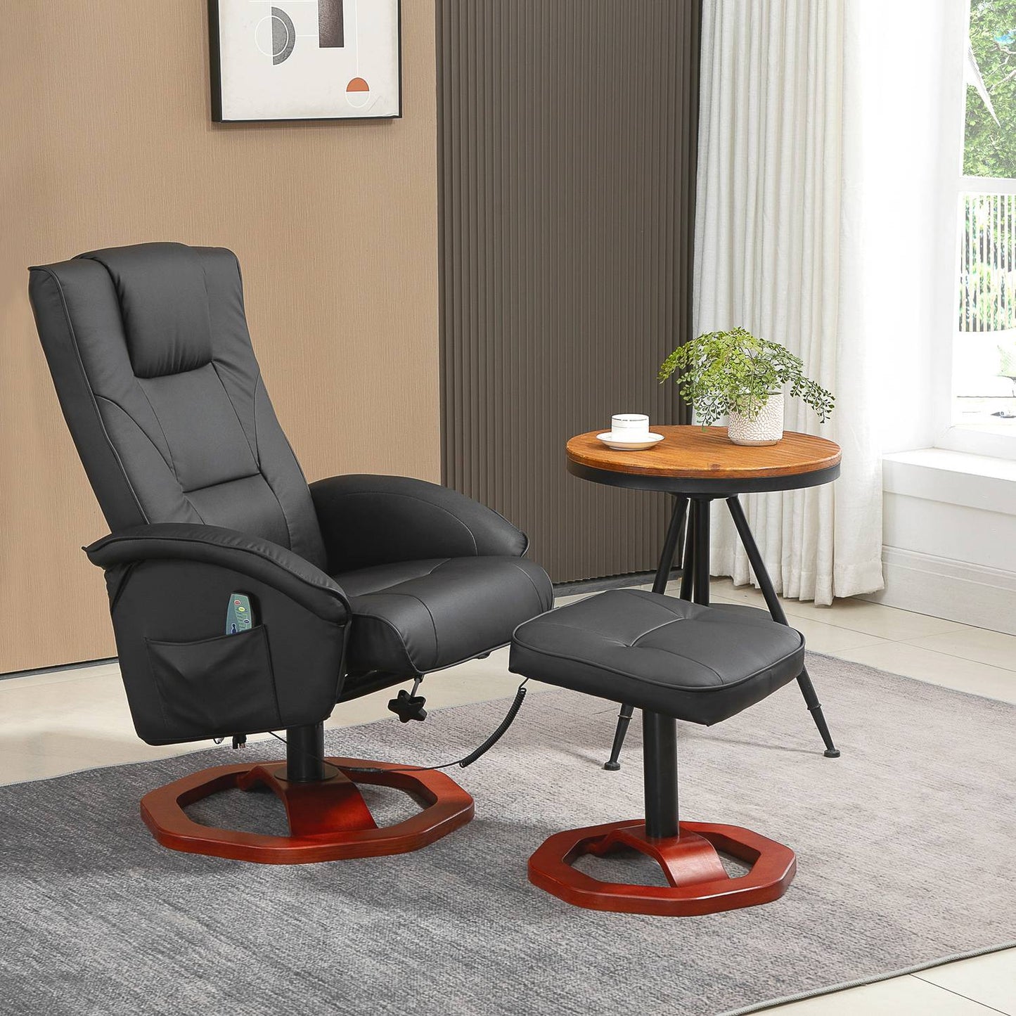 Reclining massage chair in synthetic leather with footstool, 360° rotatable
