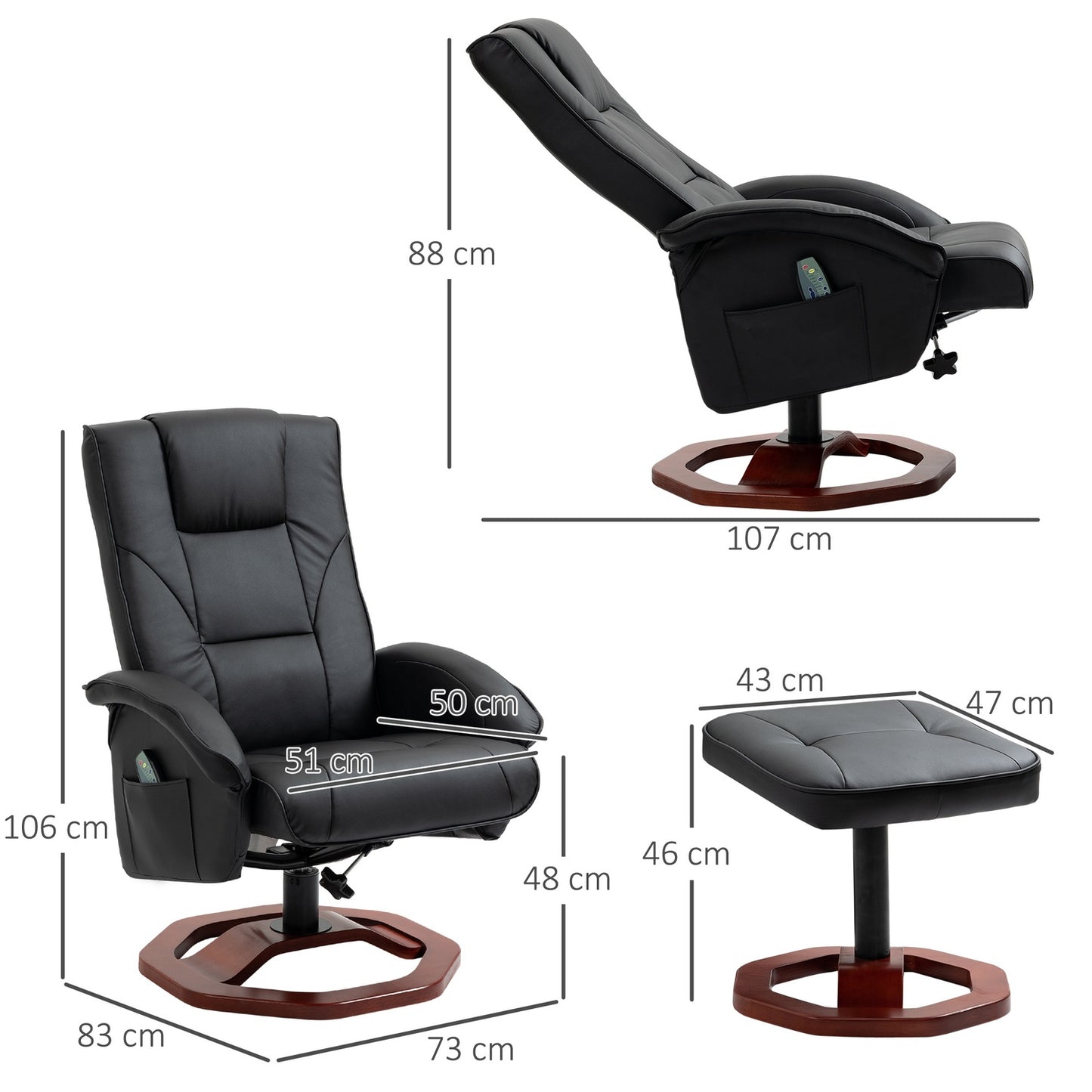 Reclining massage chair in synthetic leather with footstool, 360° rotatable