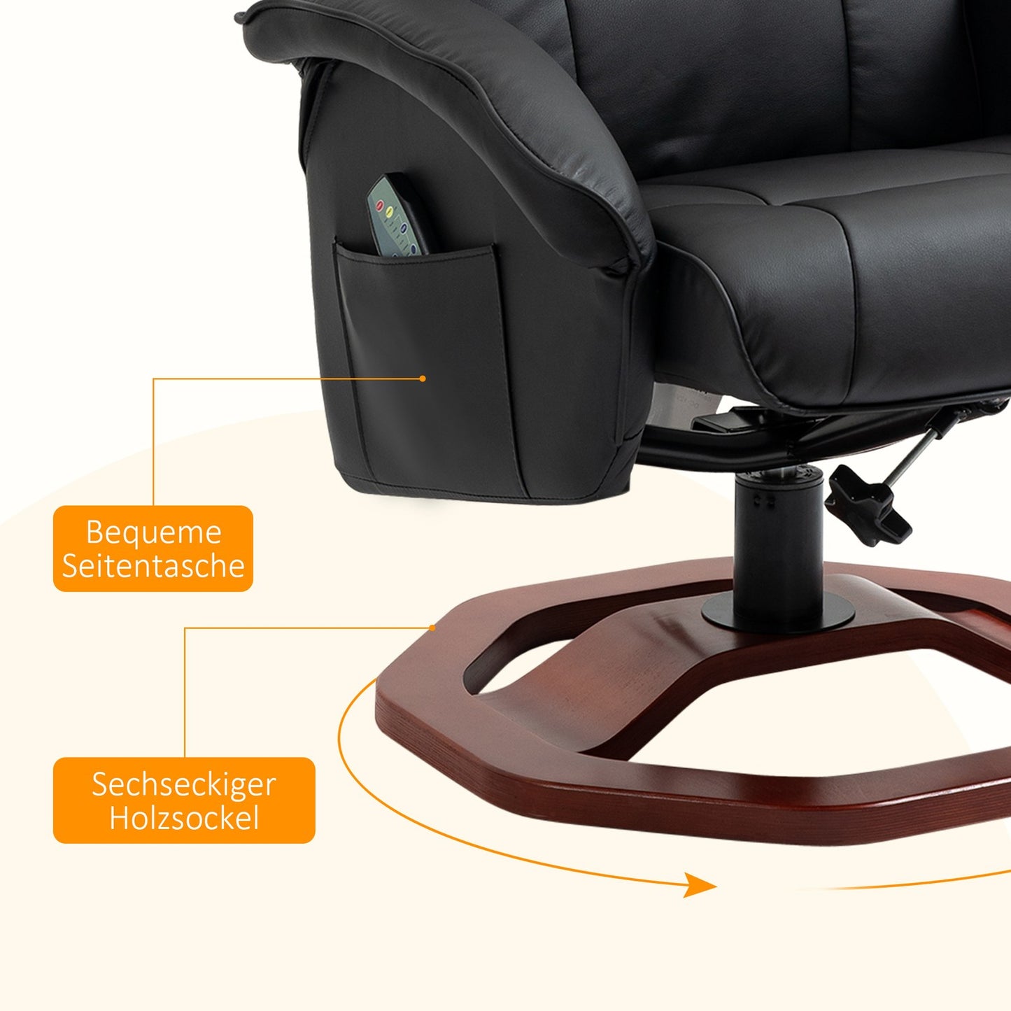 Reclining massage chair in synthetic leather with footstool, 360° rotatable