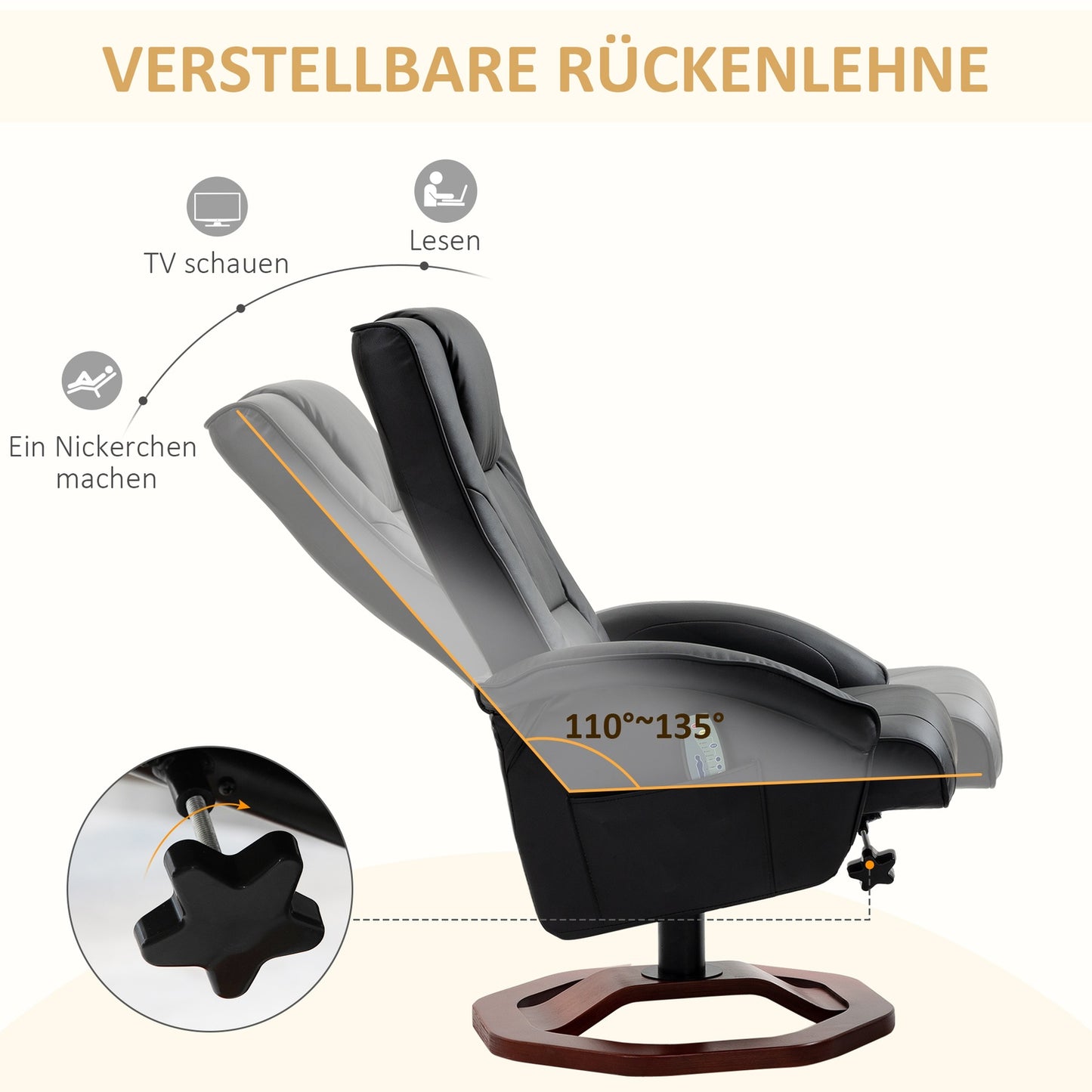 Reclining massage chair in synthetic leather with footstool, 360° rotatable
