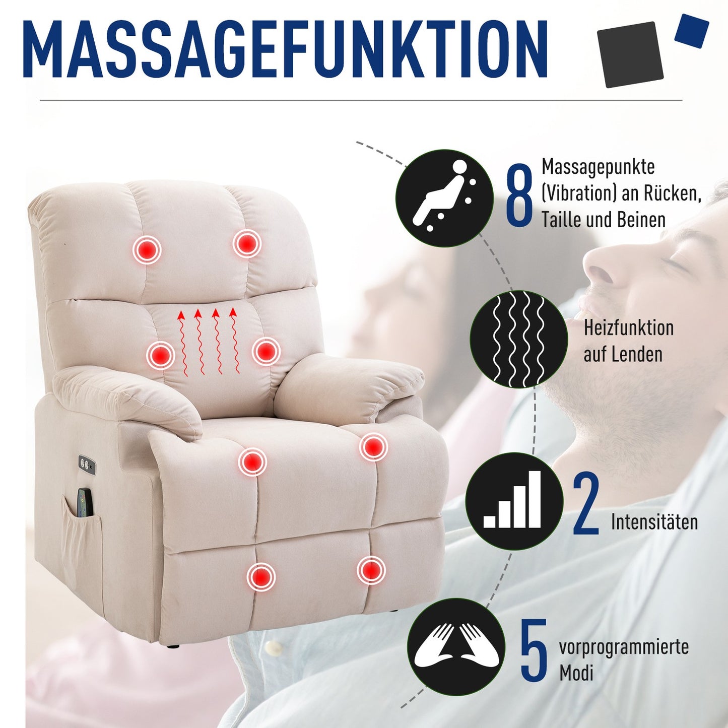 Heated massage chair with USB remote control, adjustable plush