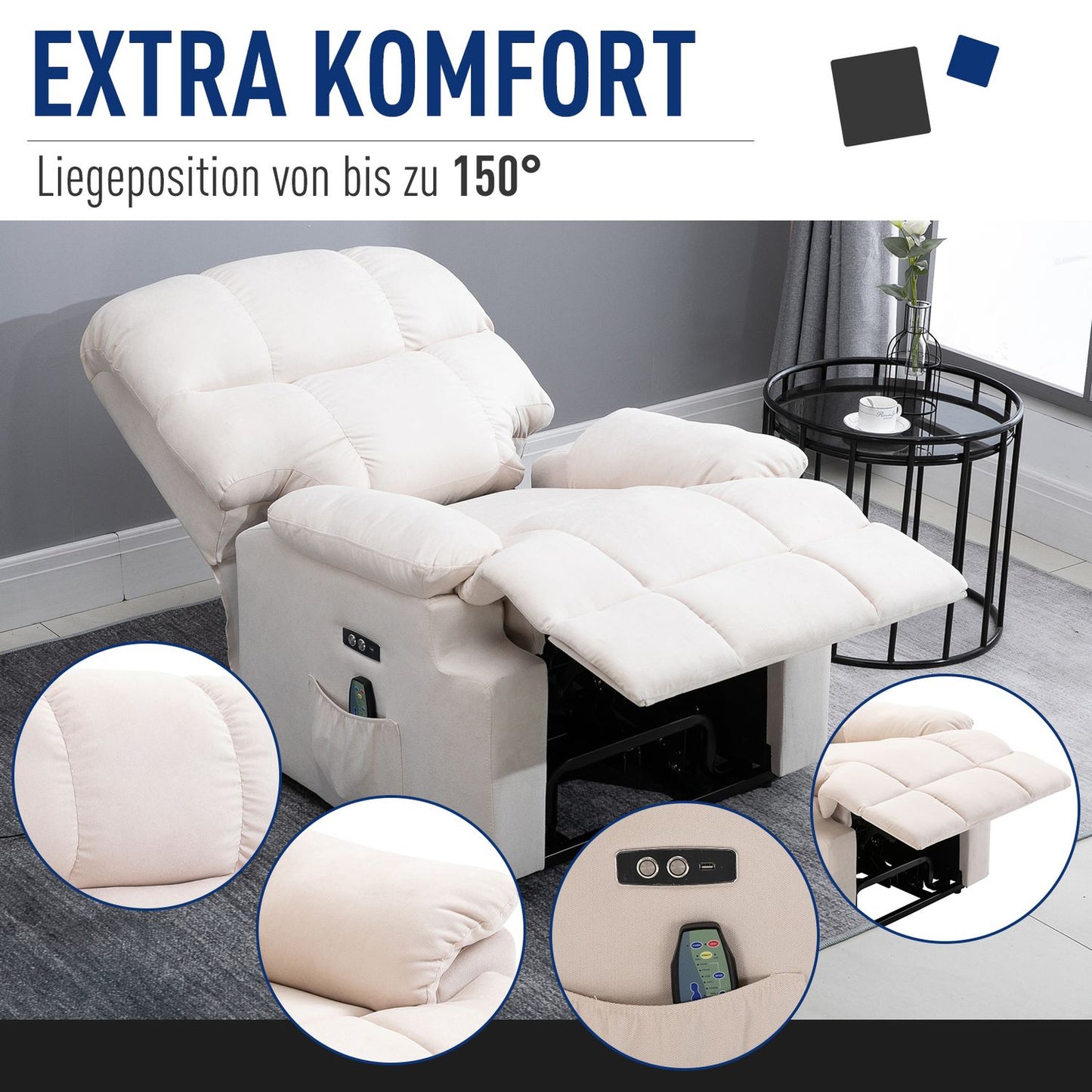 Heated massage chair with USB remote control, adjustable plush
