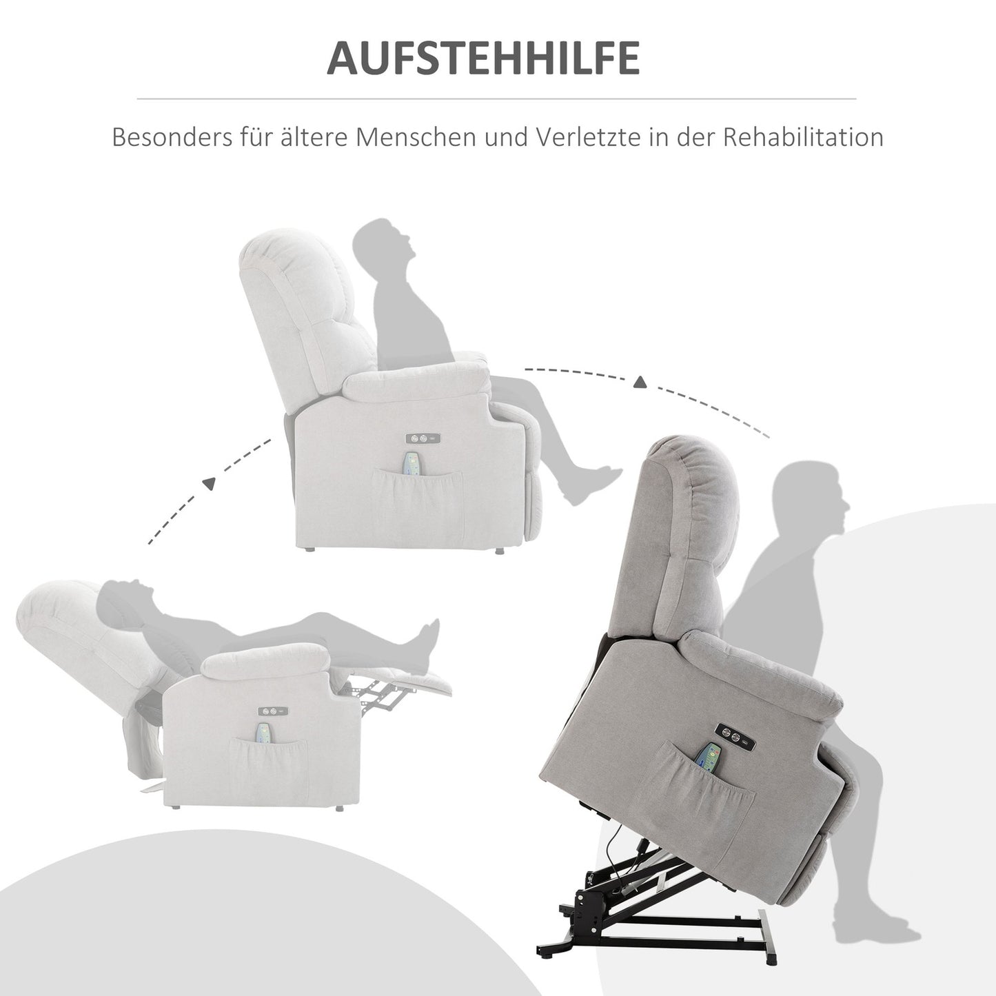 Massage chair with heating, USB remote control & standing aid, grey