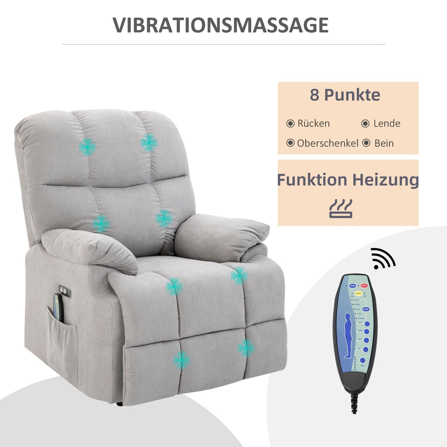 Massage chair with heating, USB remote control & standing aid, grey