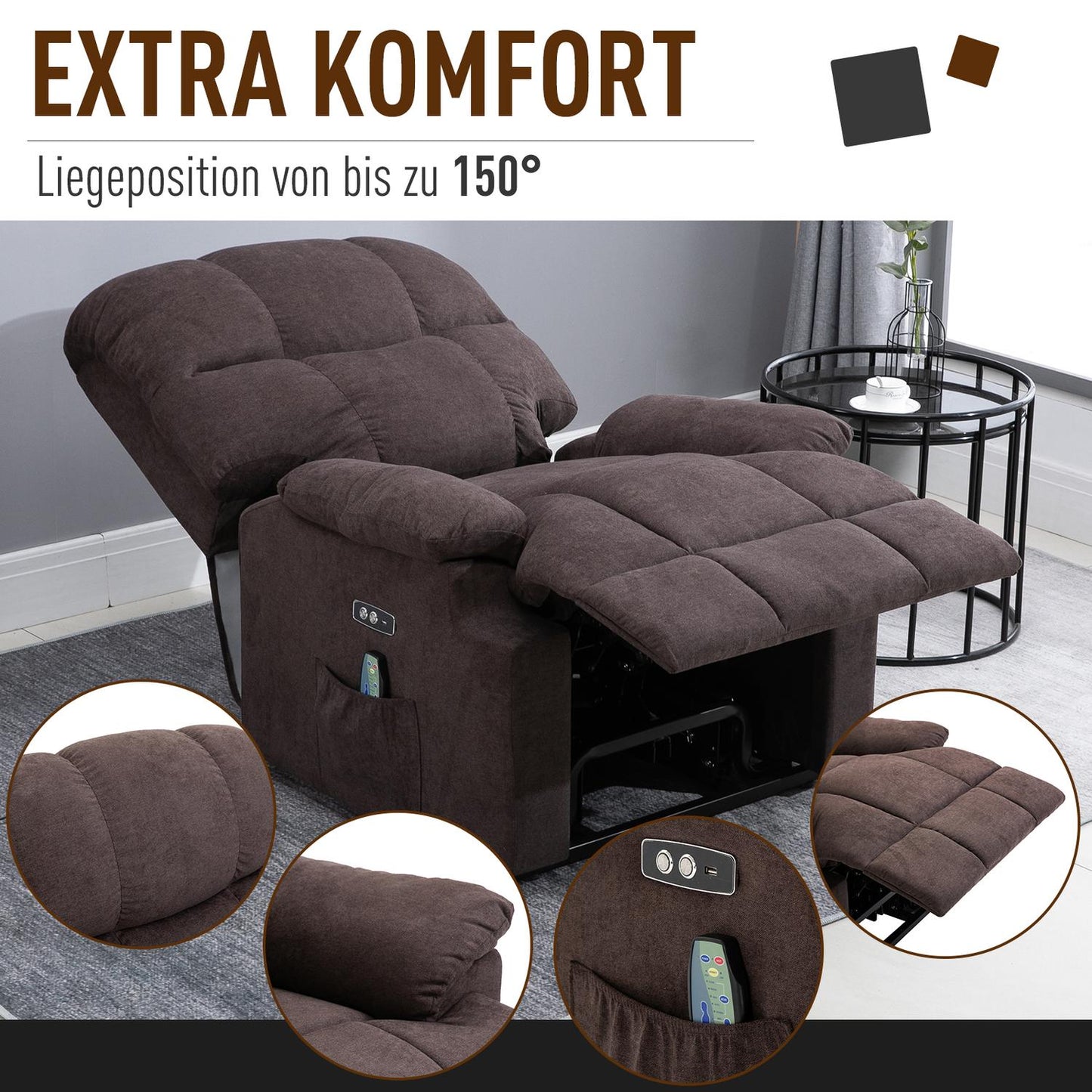 Lounger massage chair with heat, adjustable, brown plush