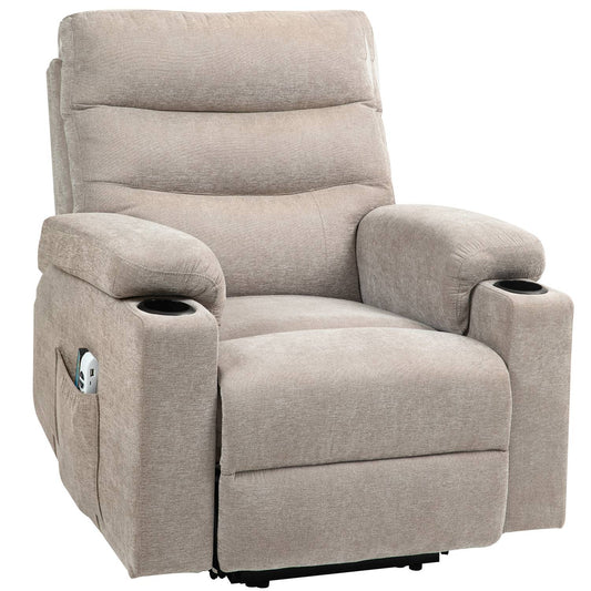 Massage chair with stand-up function, 8 vibration massage points, electric upholstered chair with 2 remote controls, light brown