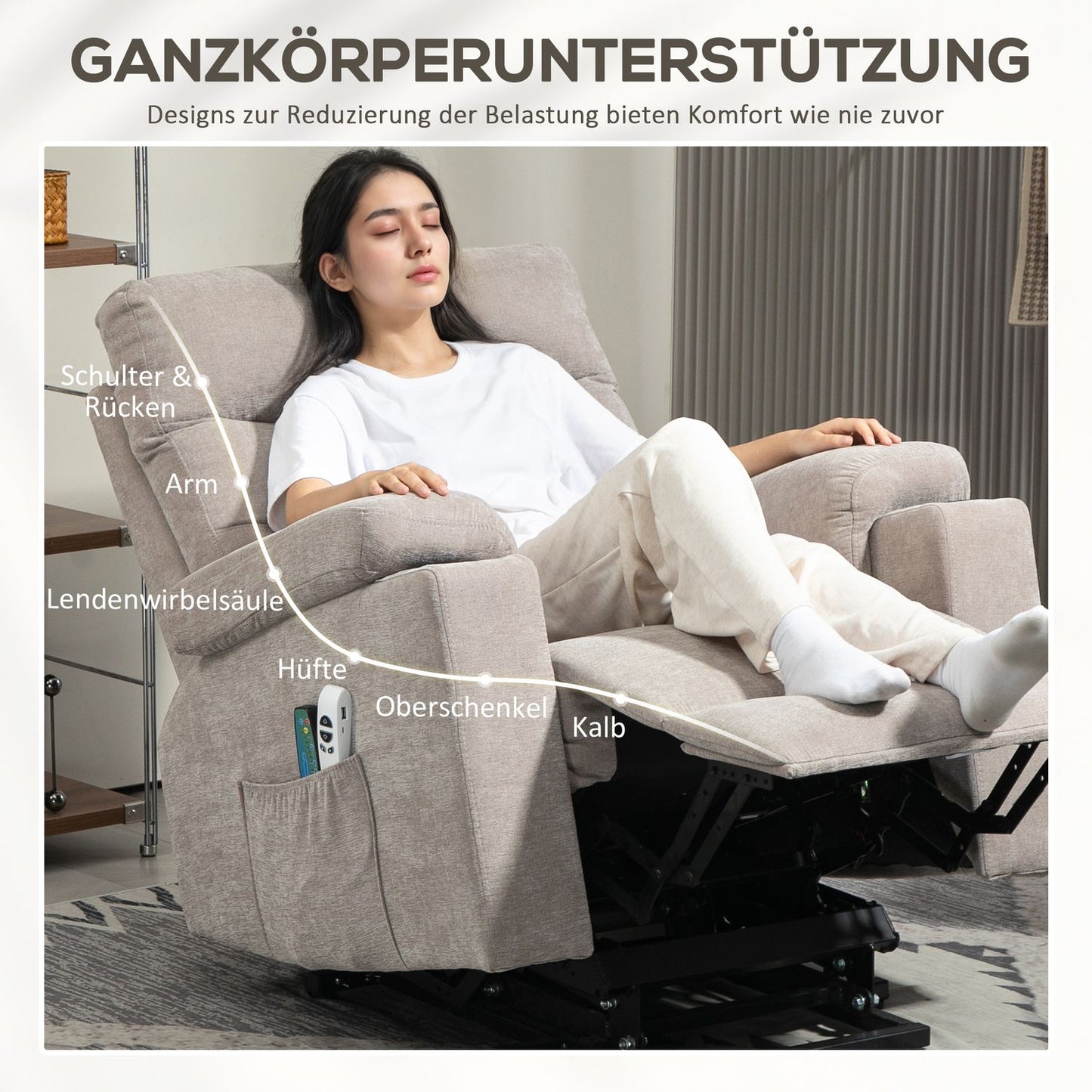 Massage chair with stand-up function, 8 vibration massage points, electric upholstered chair with 2 remote controls, light brown
