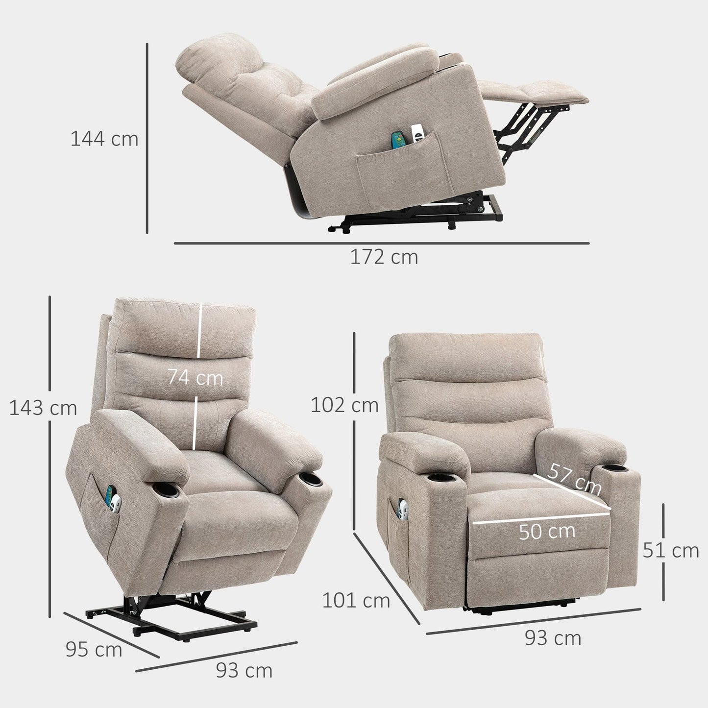Massage chair with stand-up function, 8 vibration massage points, electric upholstered chair with 2 remote controls, light brown