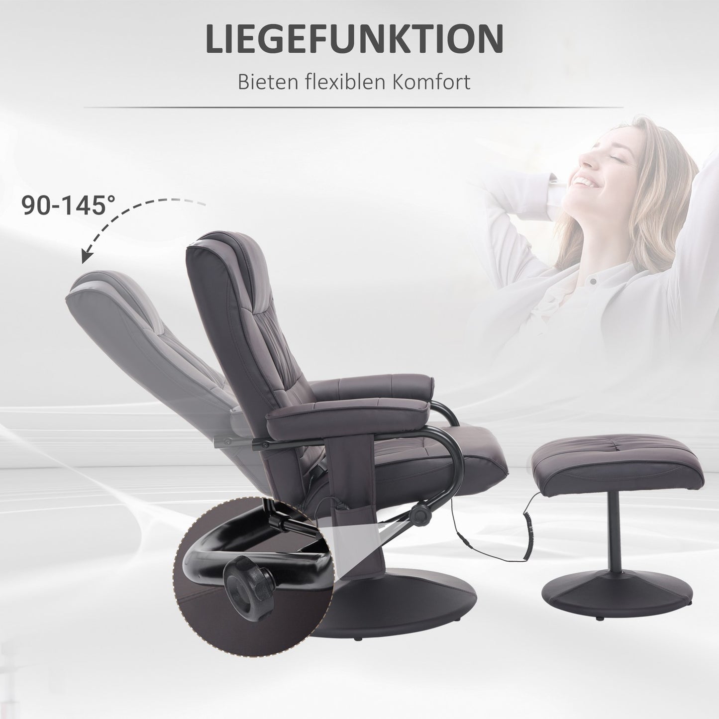 Reclining massage chair in brown artificial leather with ottoman