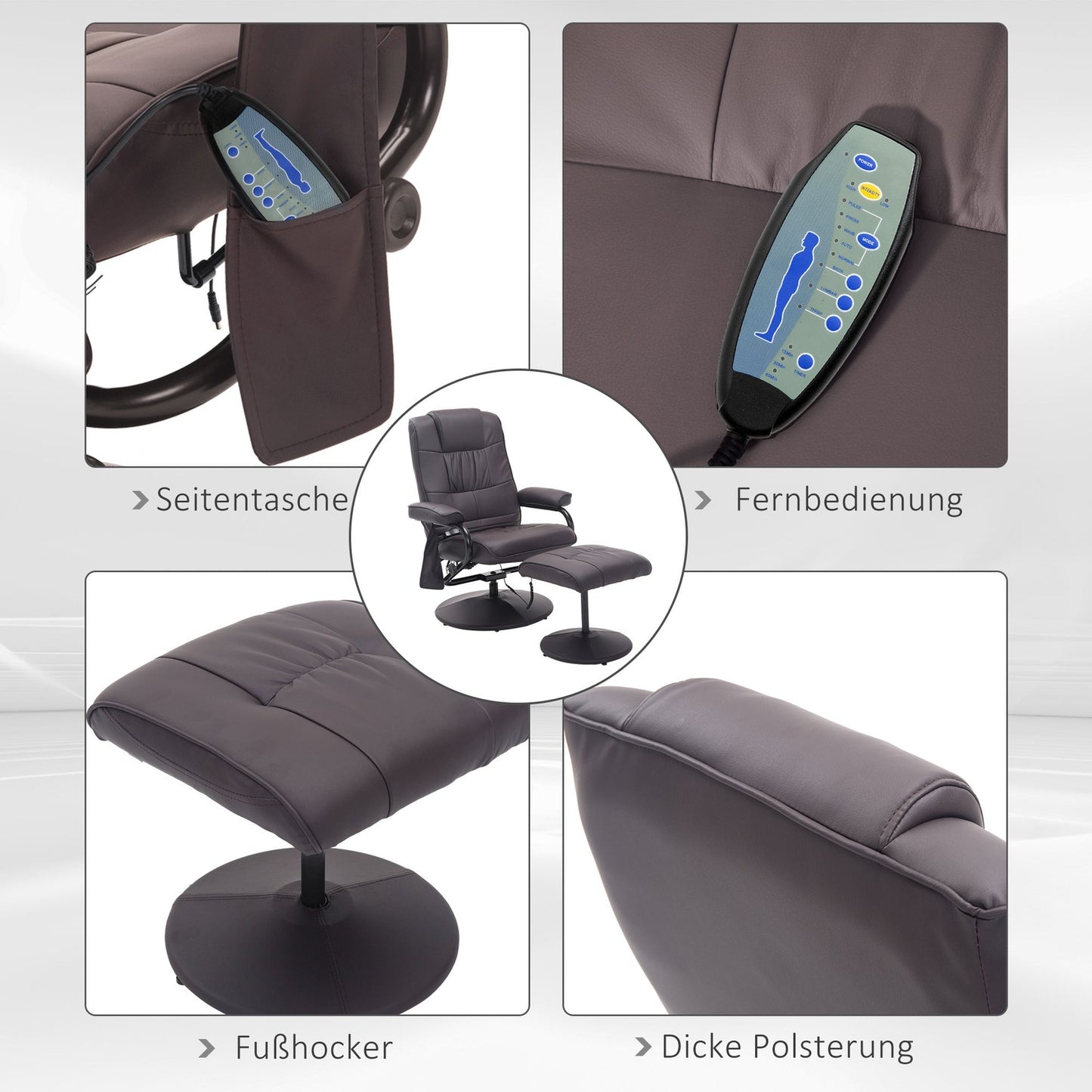 Reclining massage chair in brown artificial leather with ottoman