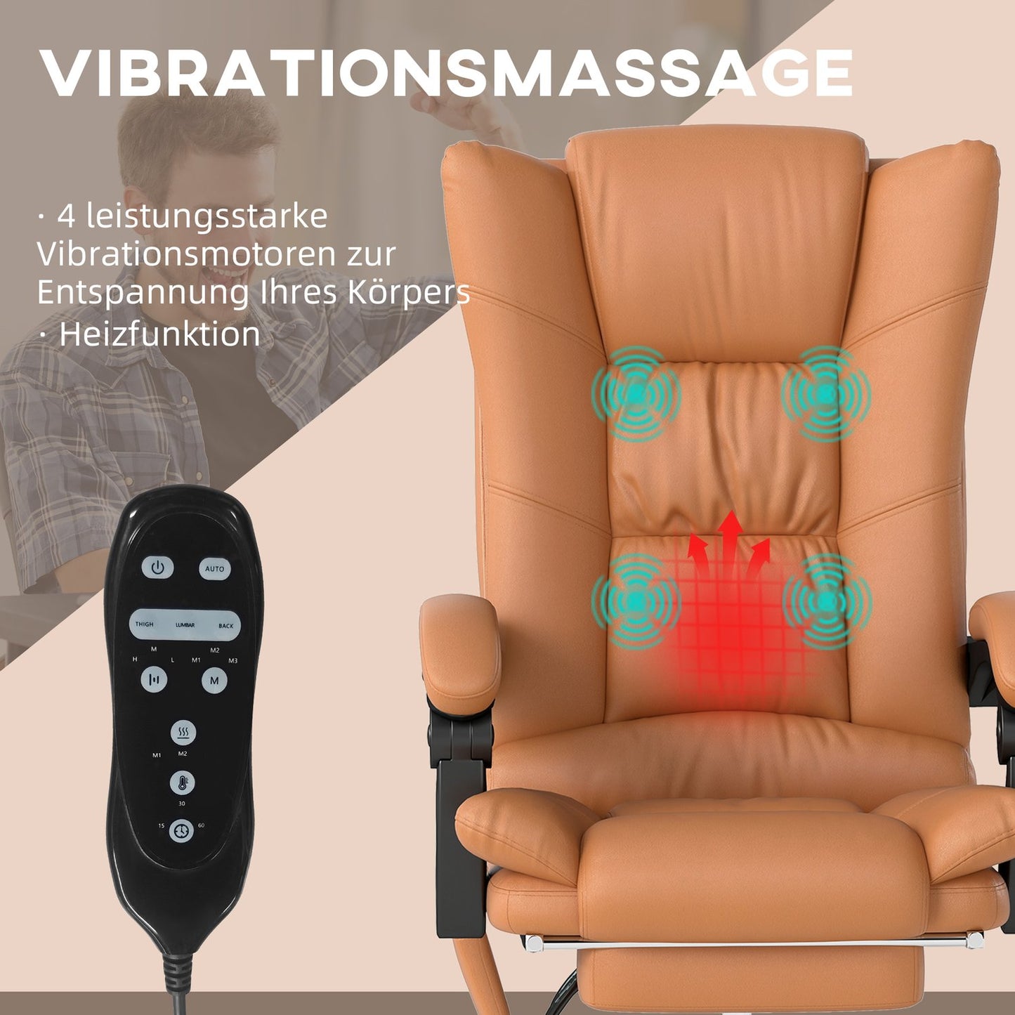 Massage office chair, desk chair with heating function, swivel chair, reclining function, height-adjustable PC chair, light brown