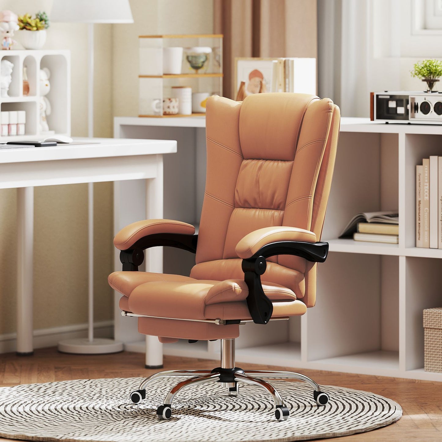 Massage office chair, desk chair with heating function, swivel chair, reclining function, height-adjustable PC chair, light brown